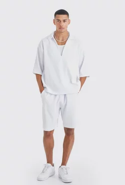 White Pleated V Neck Shirt And Short Set