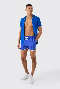 Short Sleeve Plain Piping Shirt & Swim Set Blue