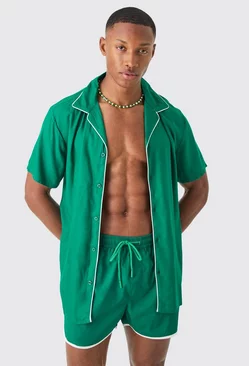 Green Short Sleeve Plain Piping Shirt & Swim Set