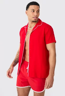 Red Short Sleeve Plain Piping Shirt & Swim Set
