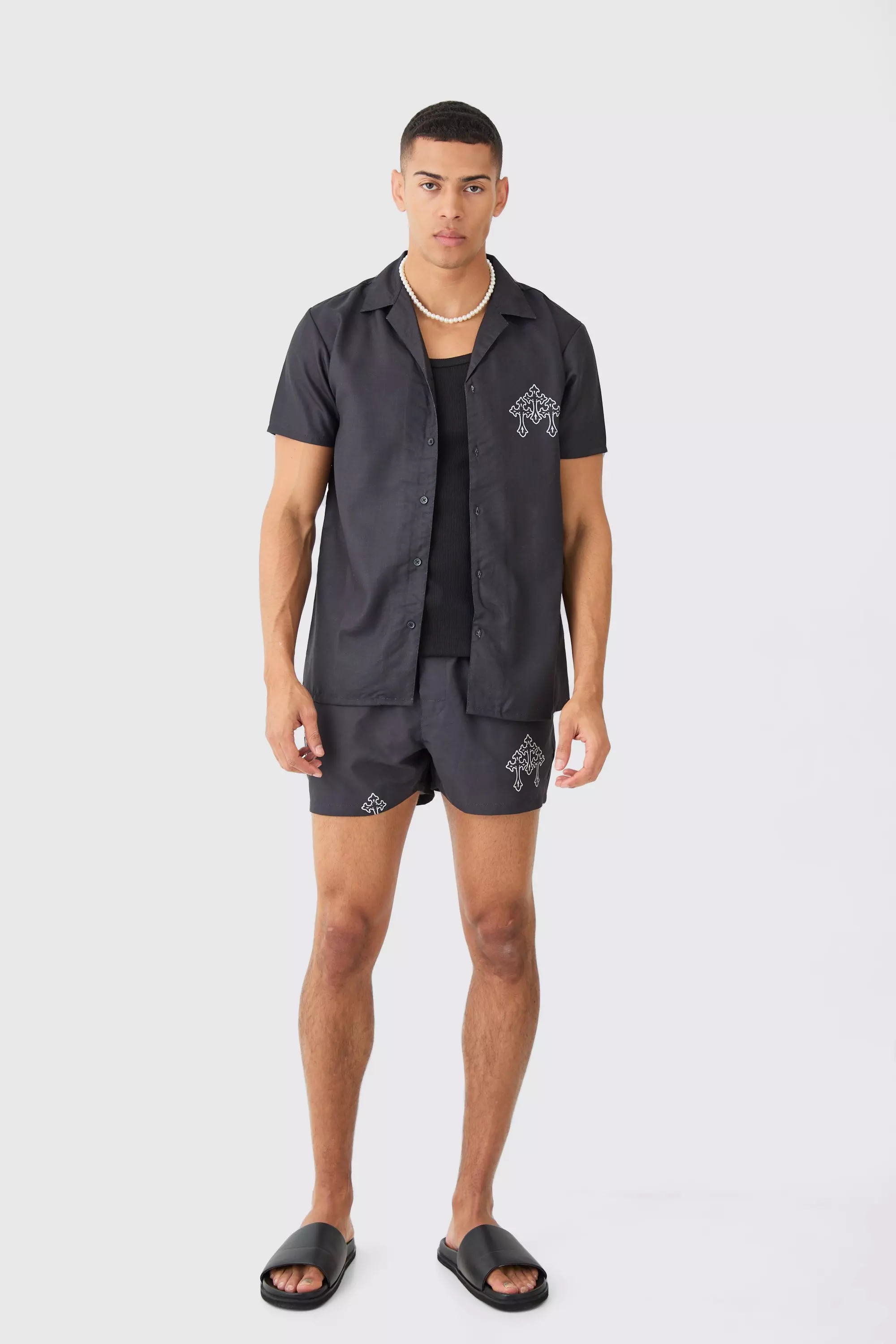 Short Sleeve Cross Shirt & Swim Set Black