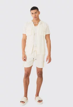 Short Sleeve Cargo Pocket Shirt & Swim Set Ecru