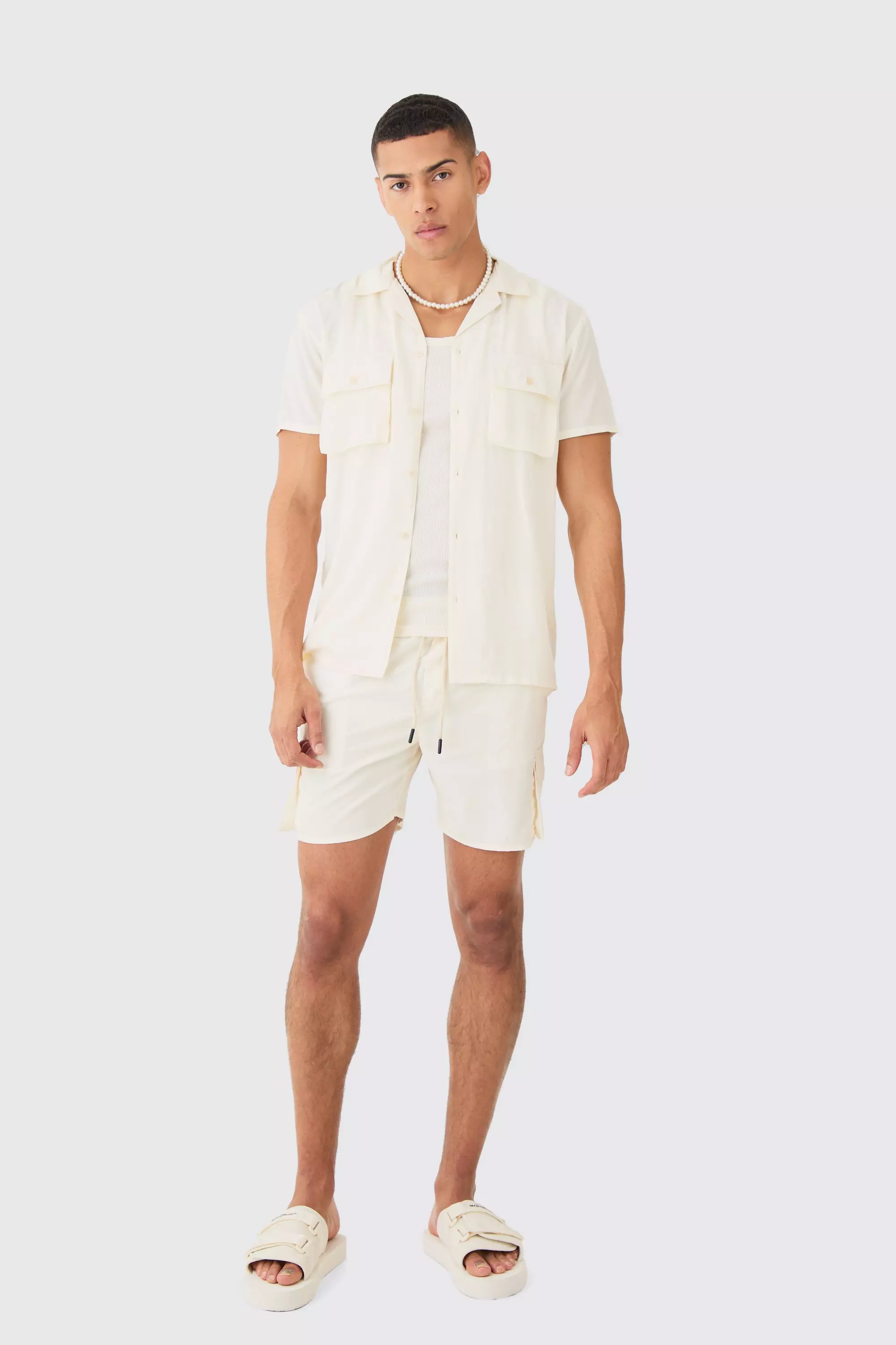 Short Sleeve Cargo Pocket Shirt & Swim Set Ecru
