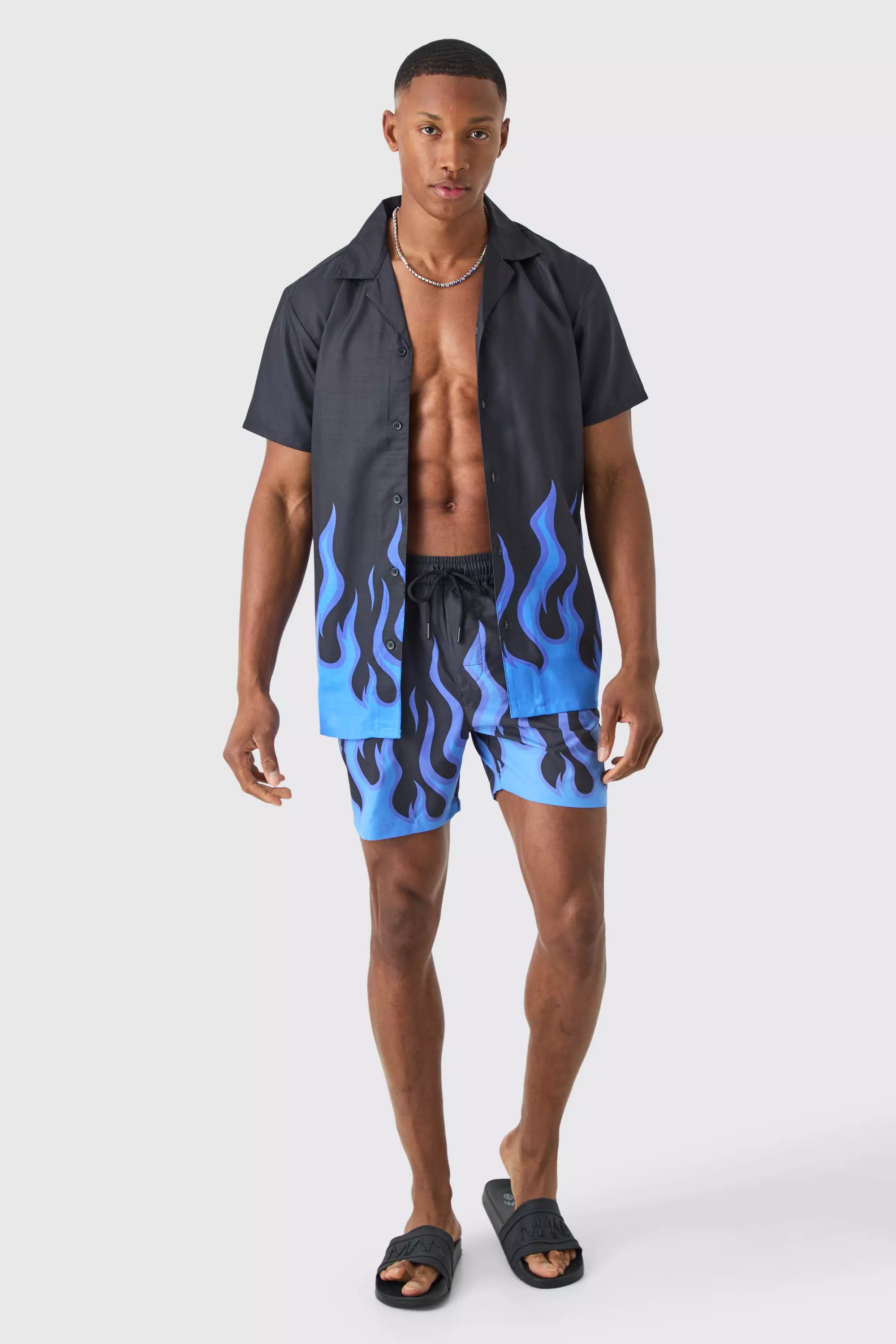 Short Sleeve Printed Flame Shirt & Swim Set Purple