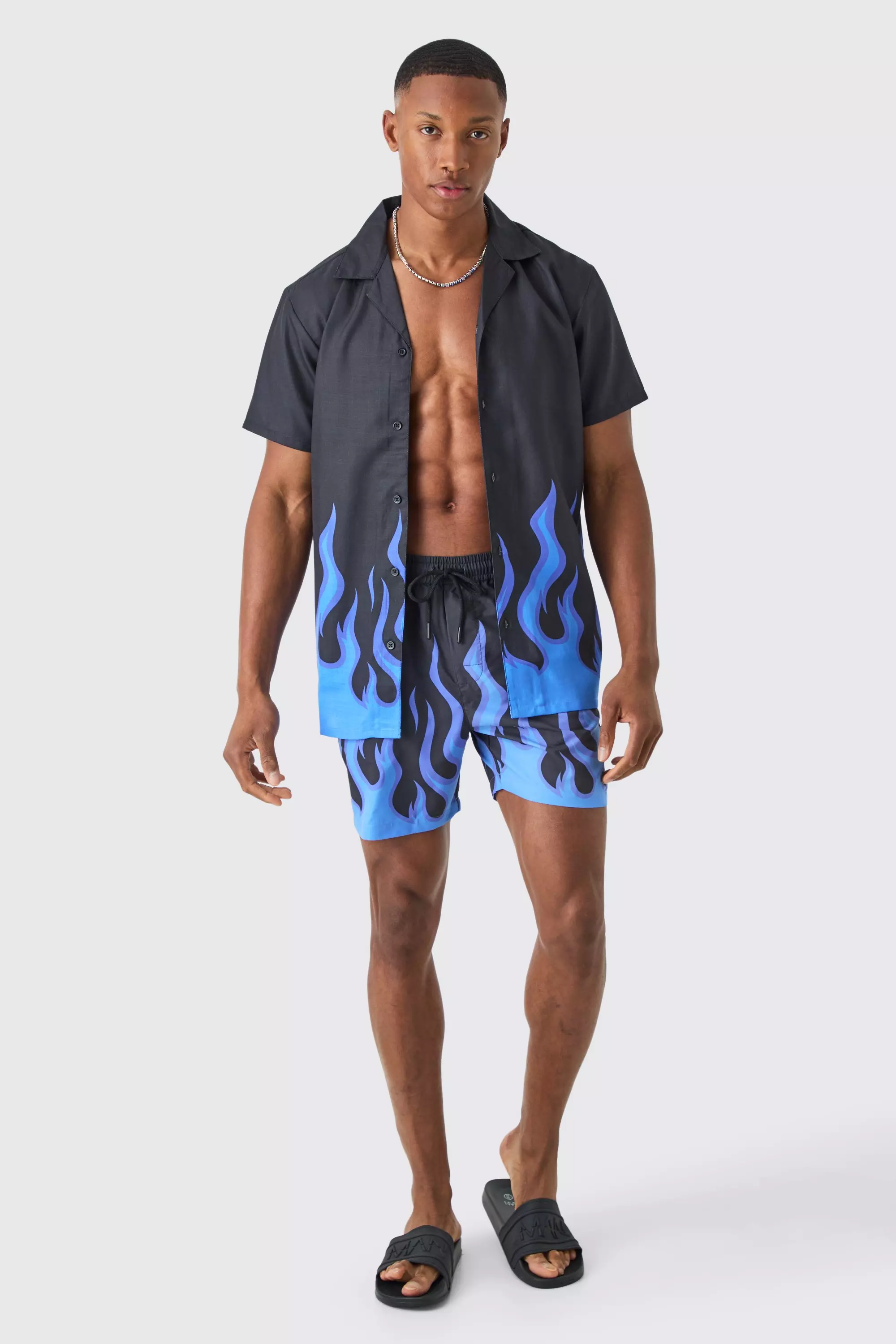Short Sleeve Flame Shirt & Swim Set Purple