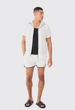 White Short Sleeve Plain Piping Shirt & Swim Set