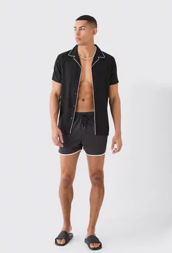 Black Short Sleeve Plain Piping Shirt & Swim Set