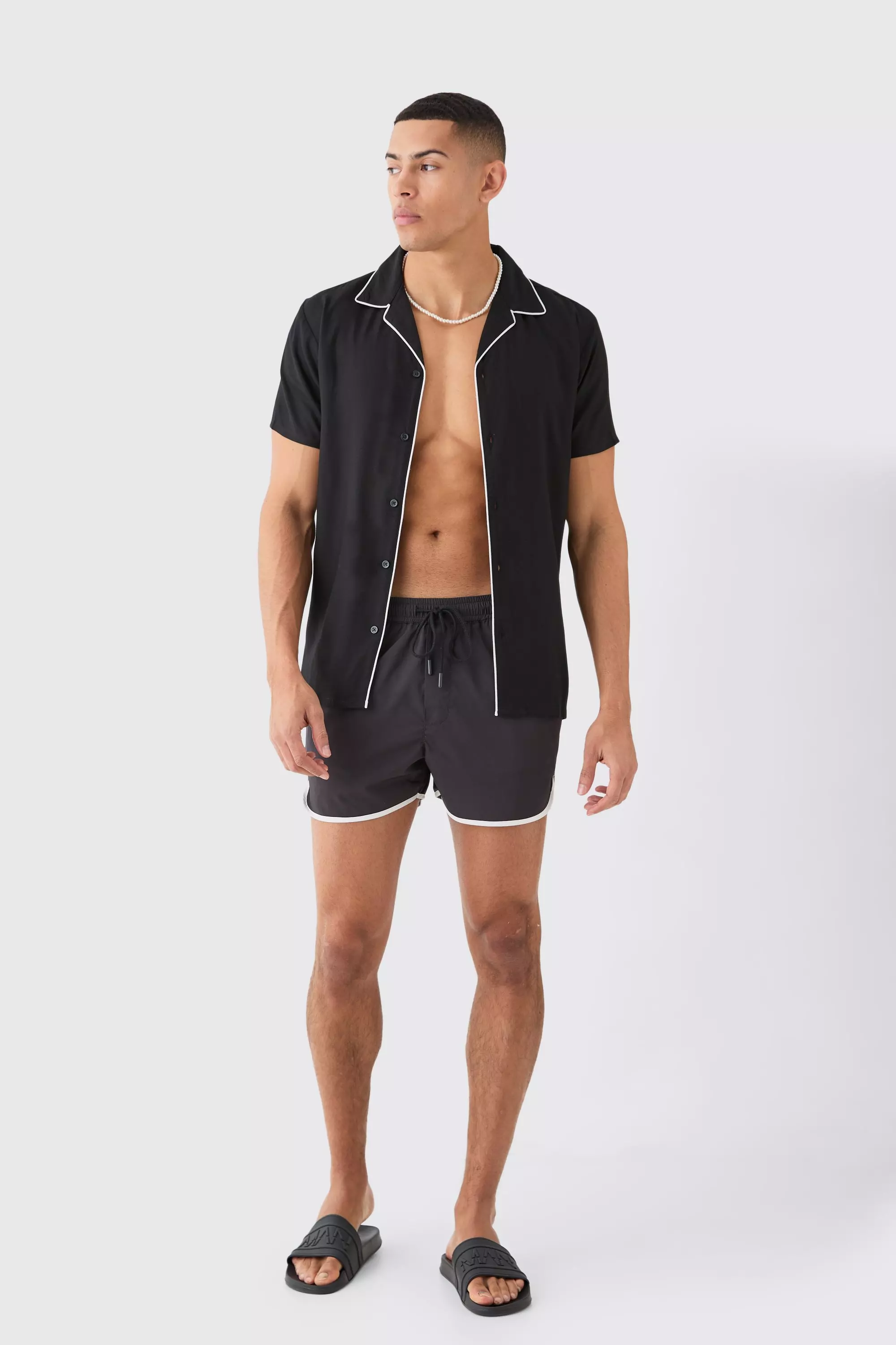 Short Sleeve Plain Piping Shirt & Swim Set Black