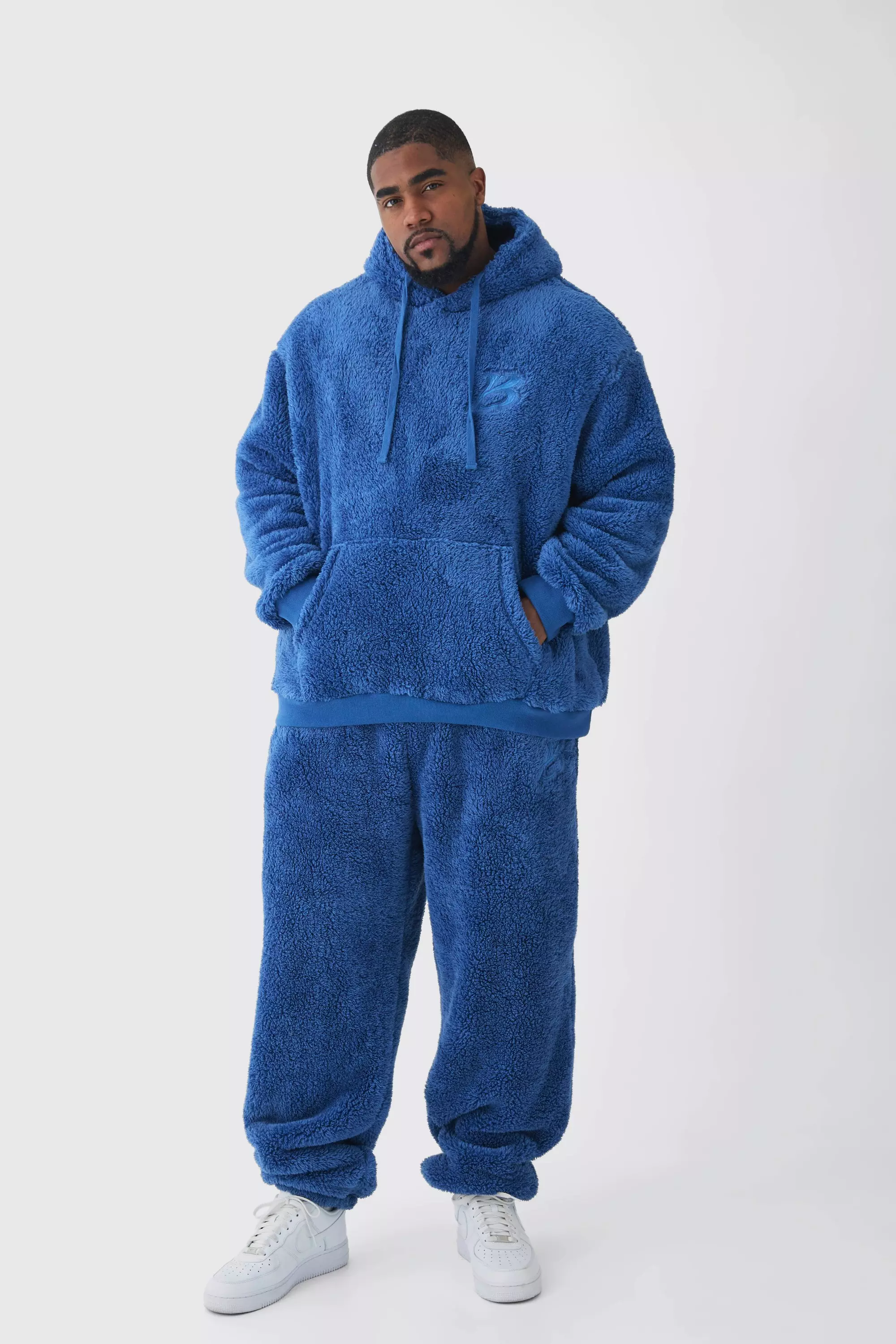 Plus Oversized Borg Embroidered Hooded Tracksuit Blue