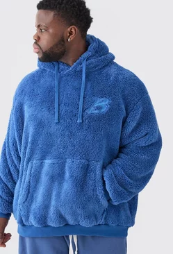 Plus Oversized Embroidered Borg Hoodie Blue