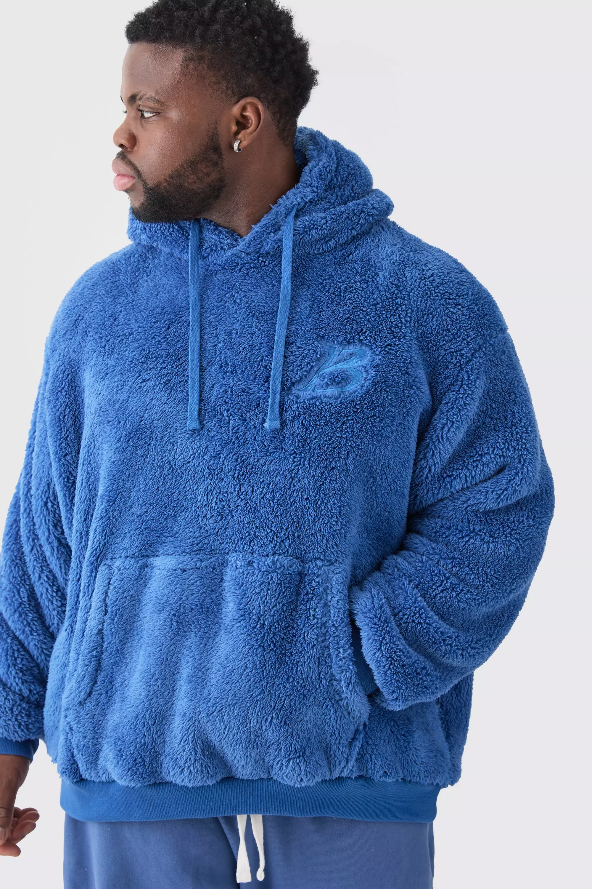 Plus Oversized Embroidered Borg Hoodie Blue