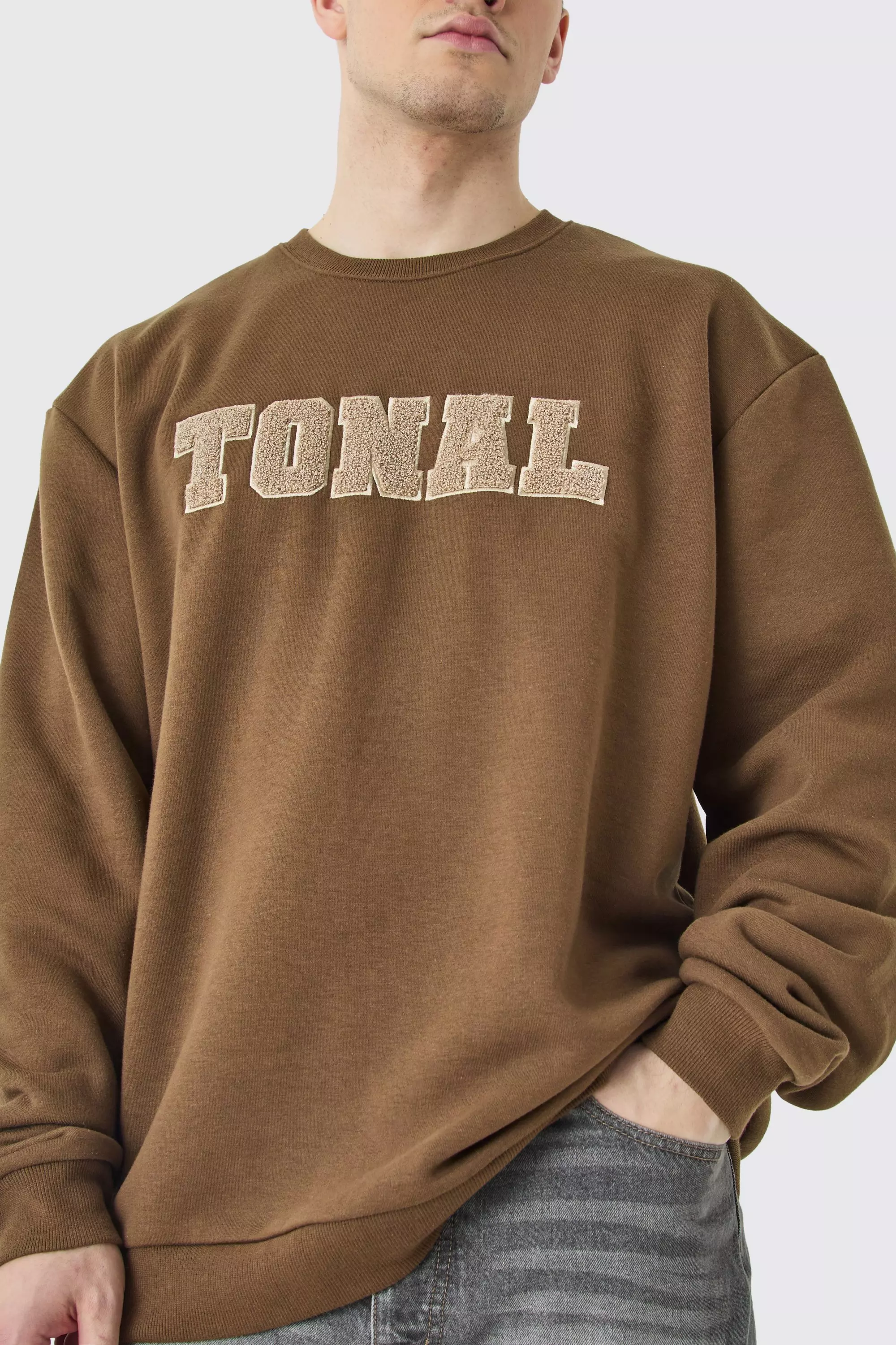 Tall Oversized Applique Borg Sweatshirt Chocolate