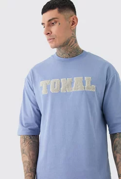 Blue Tall Oversized Half Sleeve Borg Applique T-shirt