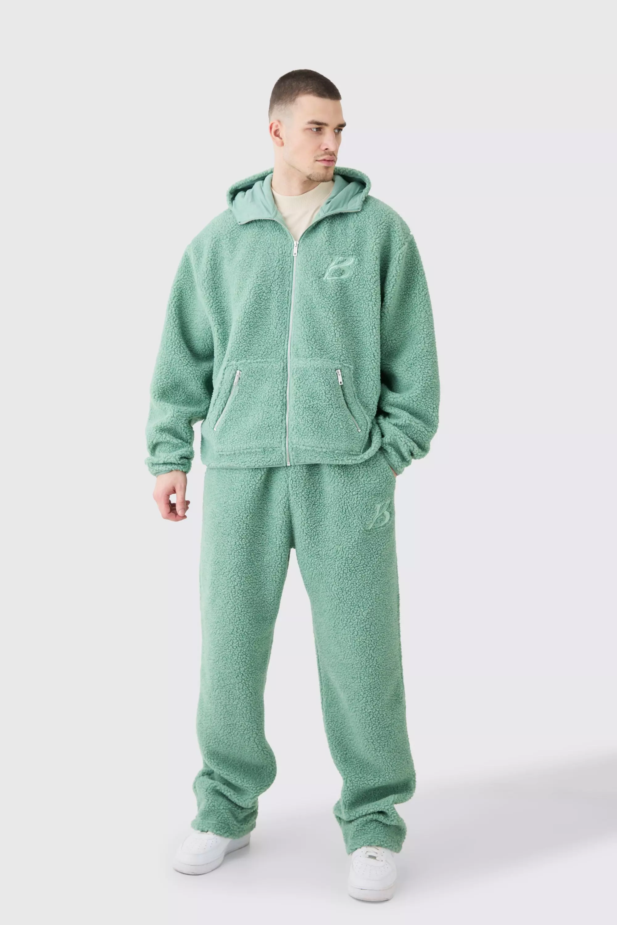 Tall Oversized Boxy Zip Through Borg Embroidered Hooded Tracksuit Teal