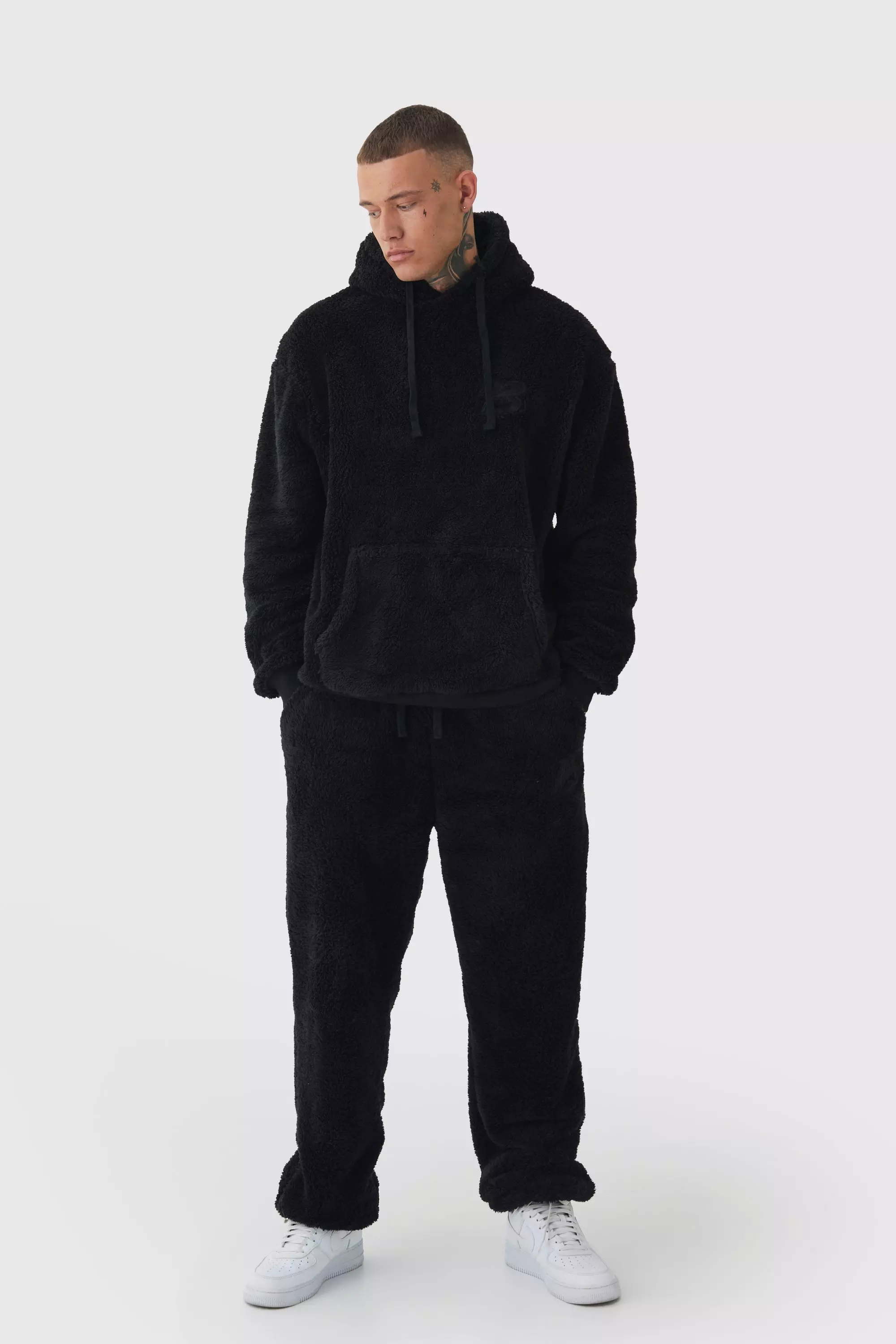 Black Tall Oversized Borg Embroidered Hooded Tracksuit