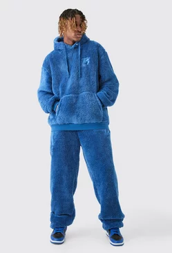 Tall Oversized Borg Embroidered Hooded Tracksuit Blue