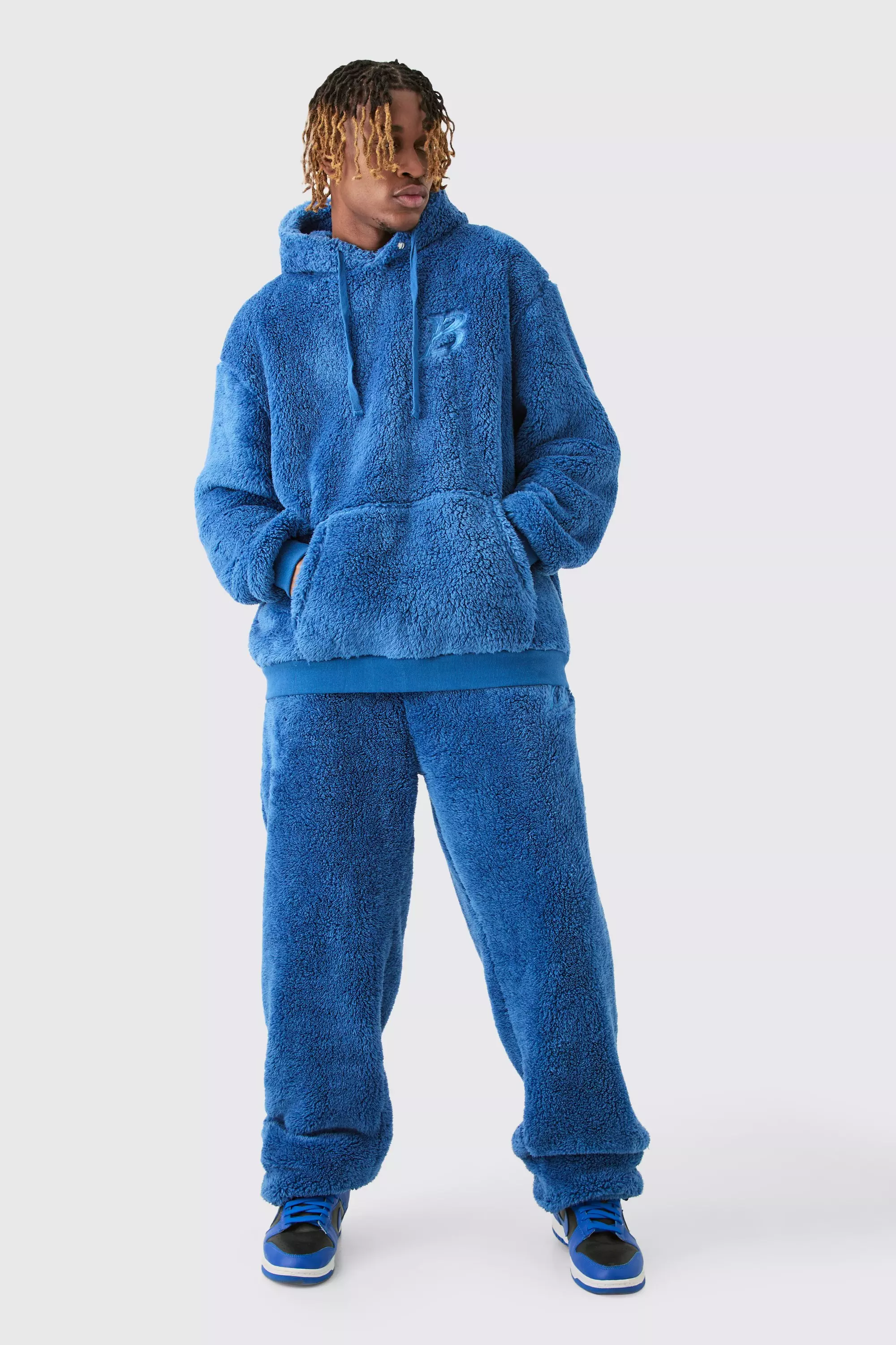 Tall Oversized Borg Embroidered Hooded Tracksuit Blue