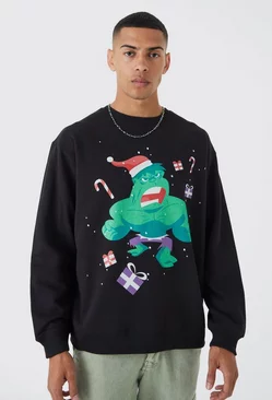 Oversized Christmas Marvel Hulk License Sweatshirt Black