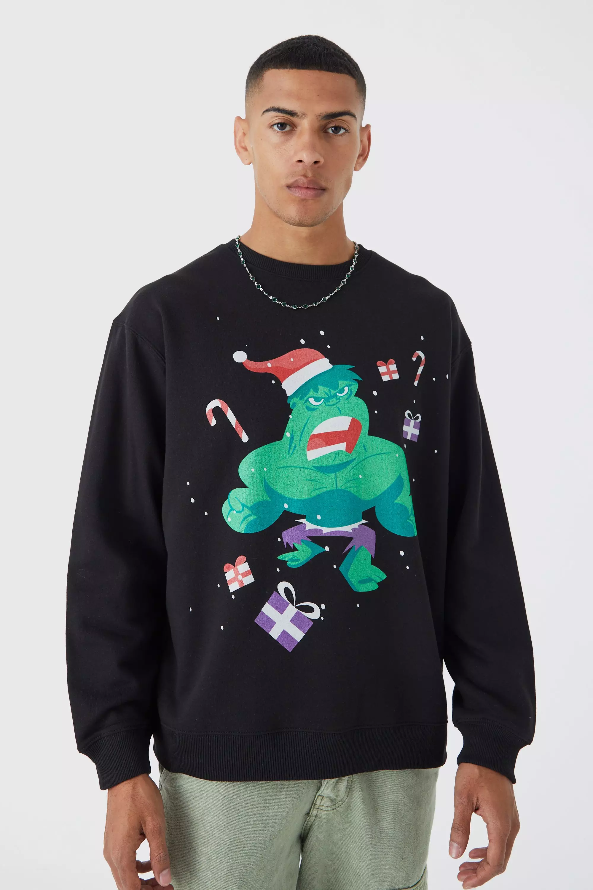 Oversized Christmas Marvel Hulk License Sweatshirt Black