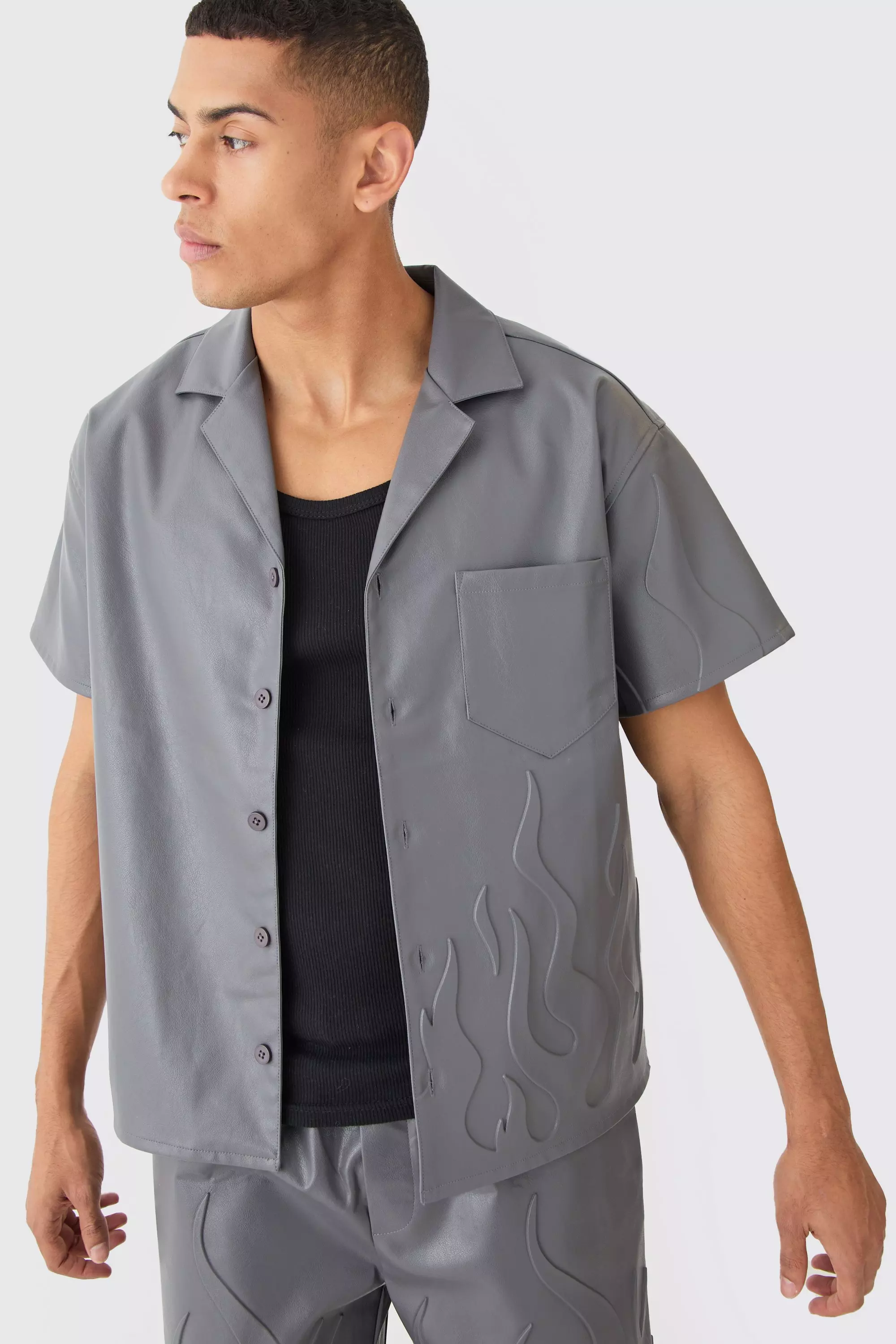 Charcoal Grey Short Sleeve Drop Revere Boxy Pu Embossed Shirt
