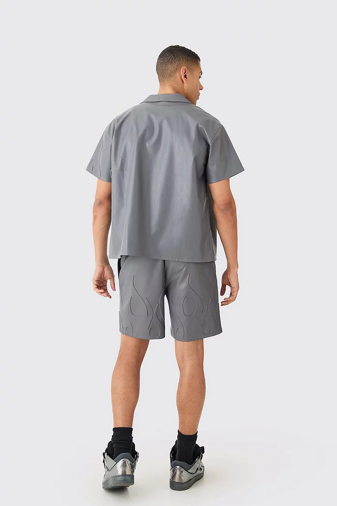 Elastic Waist Relaxed Flame Embossed Pu Short | boohooMAN USA Elastic Waist Relaxed Flame Embossed Pu Short | boohooMAN USA