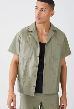 Sage Green Short Sleeve Drop Revere Boxy Pu Embossed Shirt