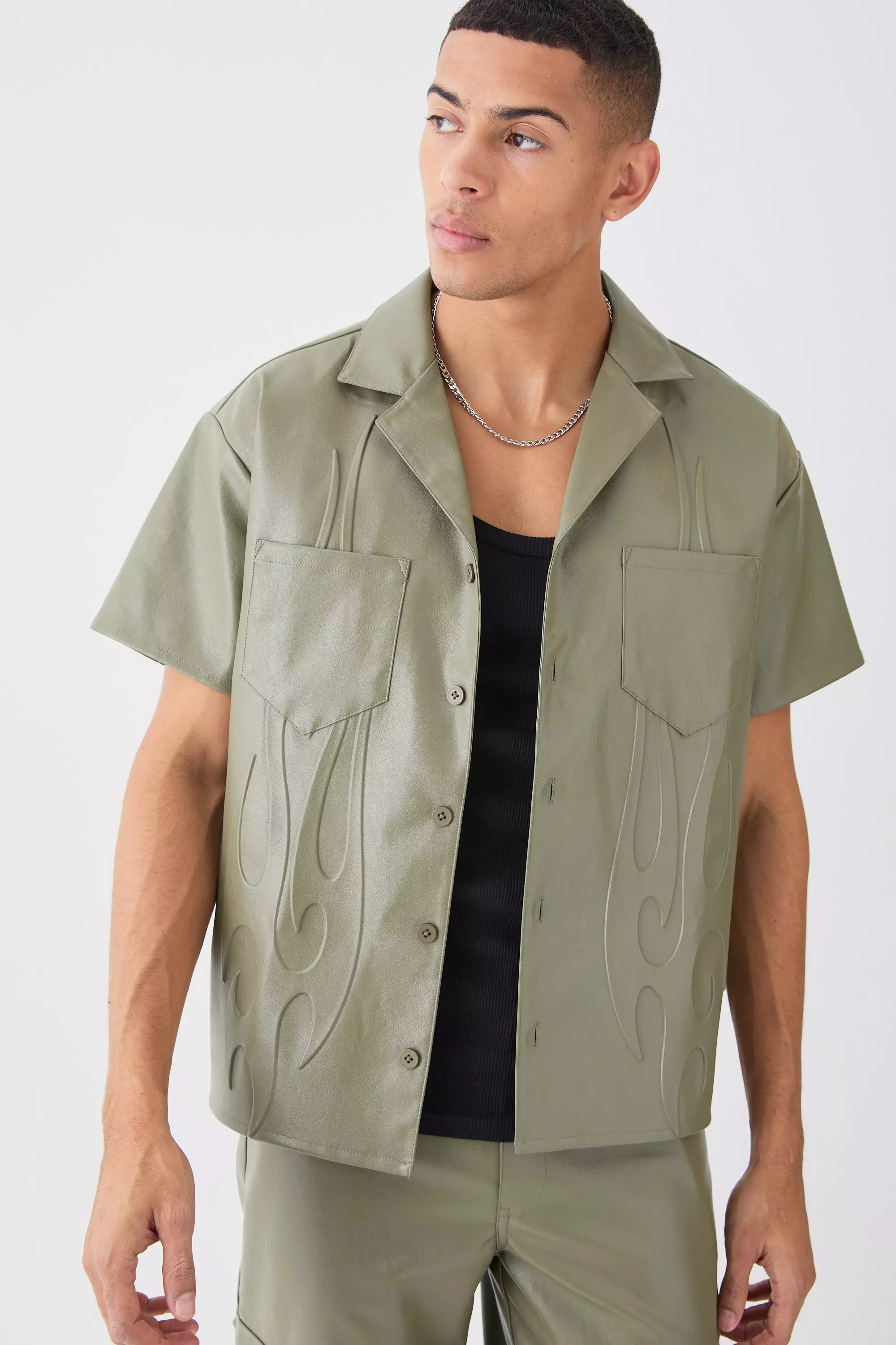 Sage Green Short Sleeve Drop Revere Boxy Pu Embossed Shirt