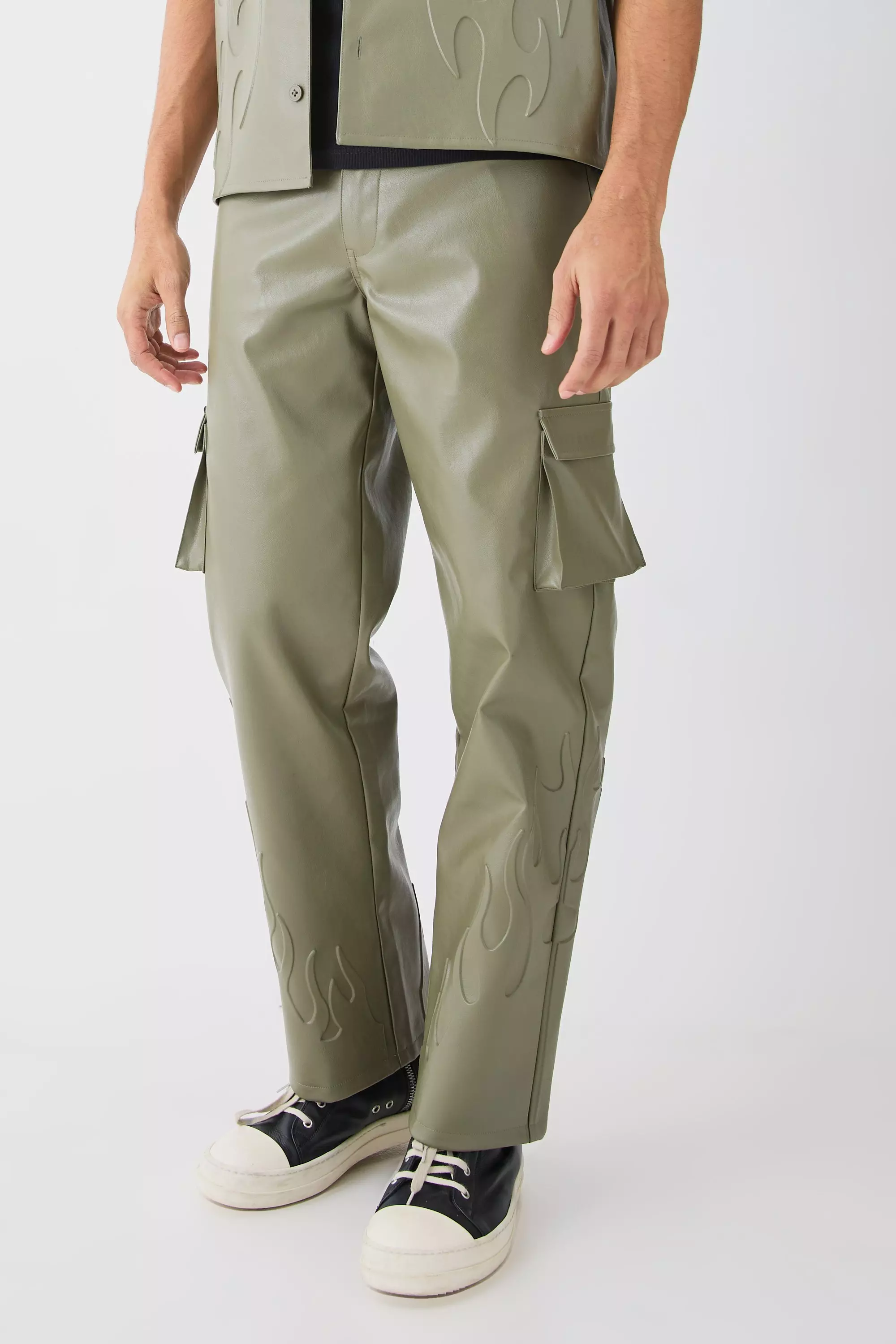 Sage Green Fixed Waist Relaxed Pu Flame Embossed Trouser