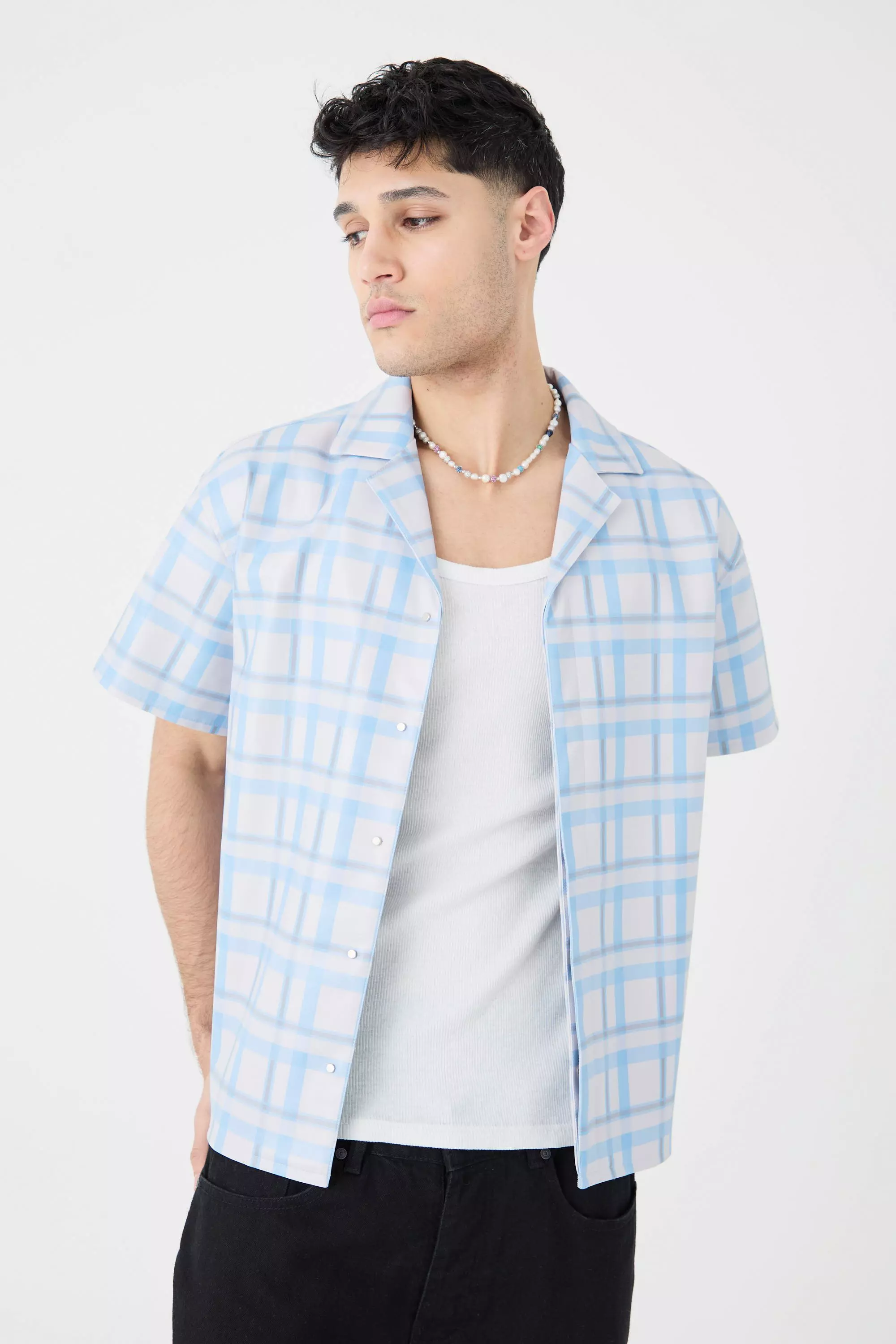 Short Sleeve Revere Boxy Plaid Pu Shirt Grey