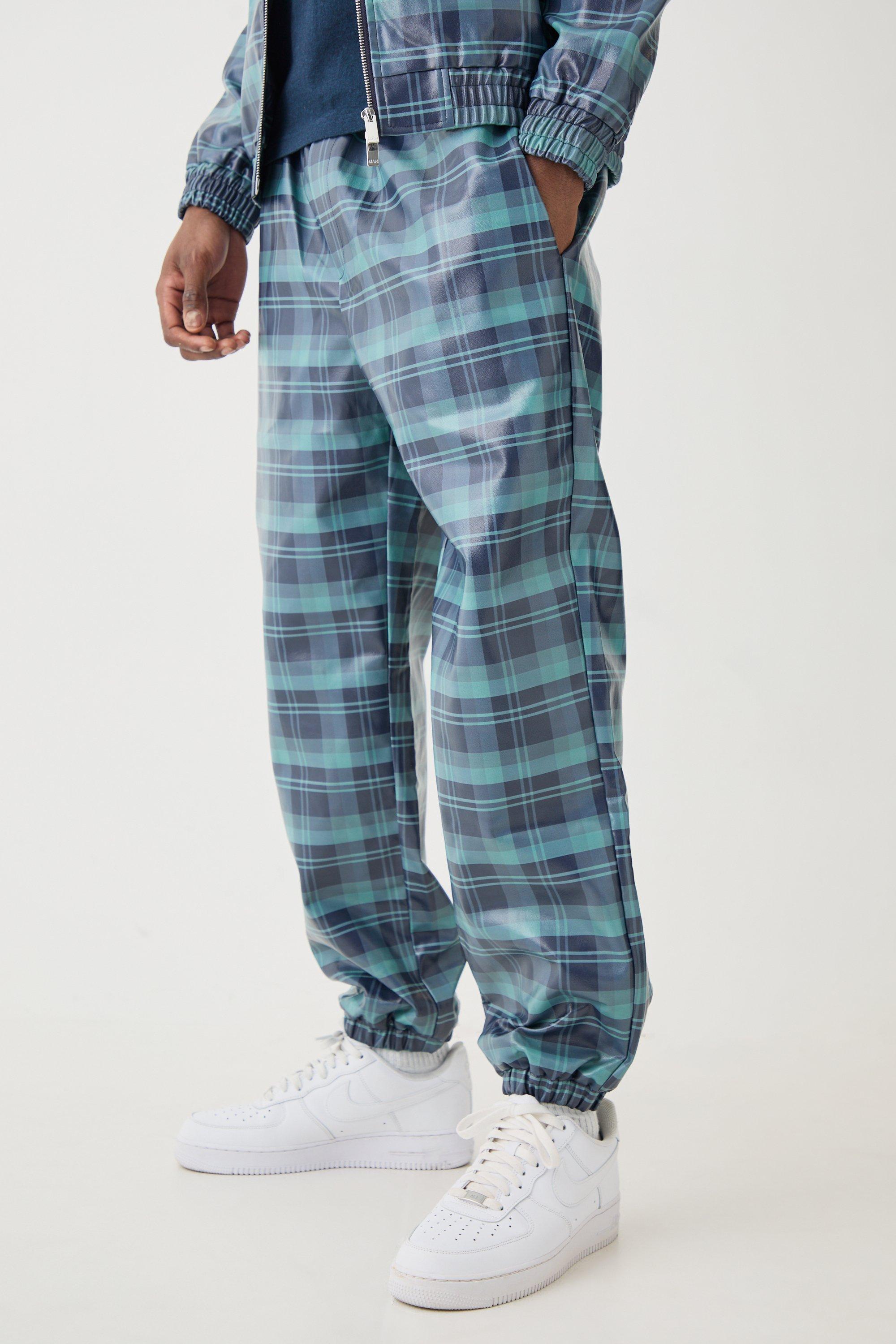 Navy Elastic Waist Check Pu Parachute Trouser