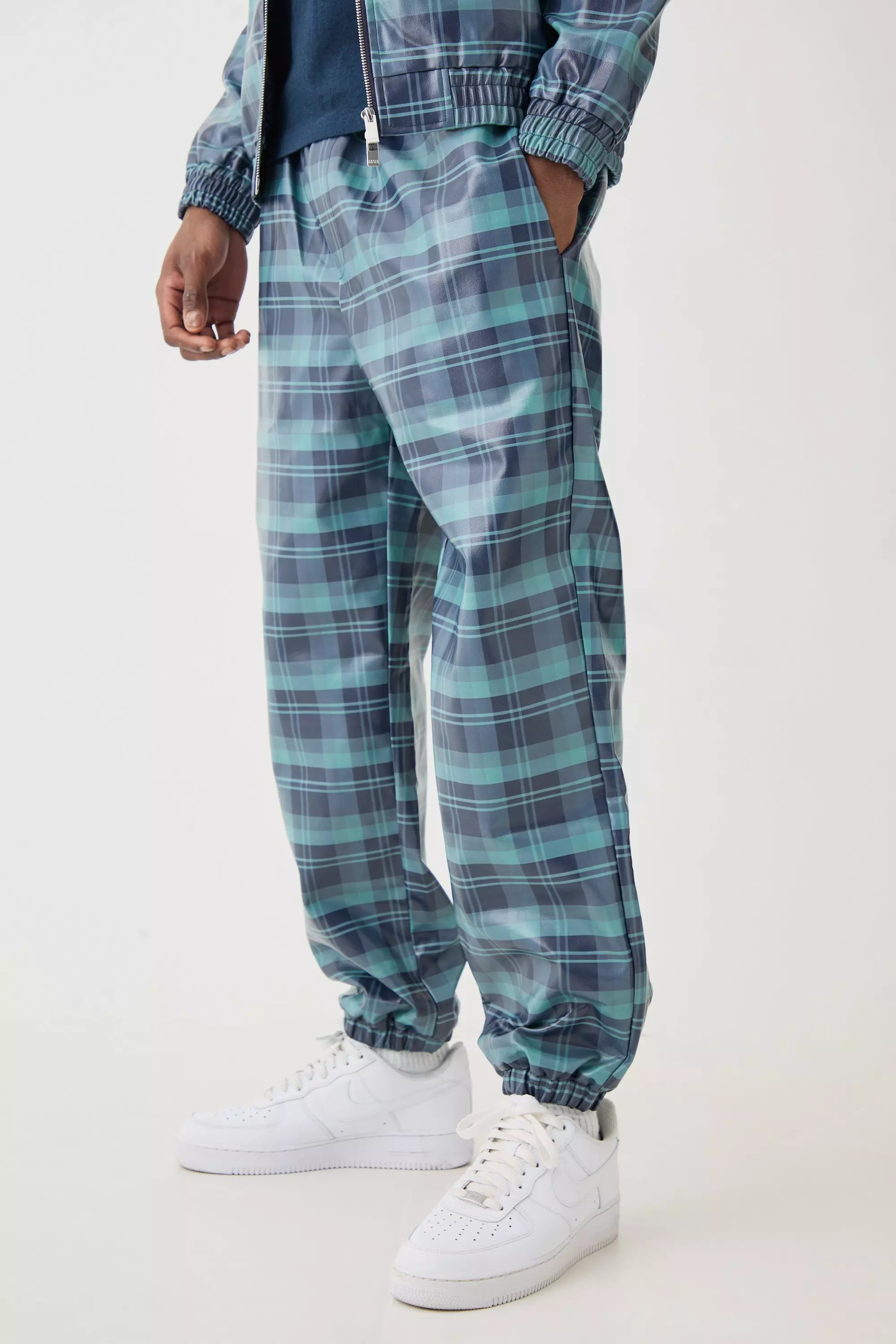Navy Elastic Waist Check Pu Parachute Trouser alternative image