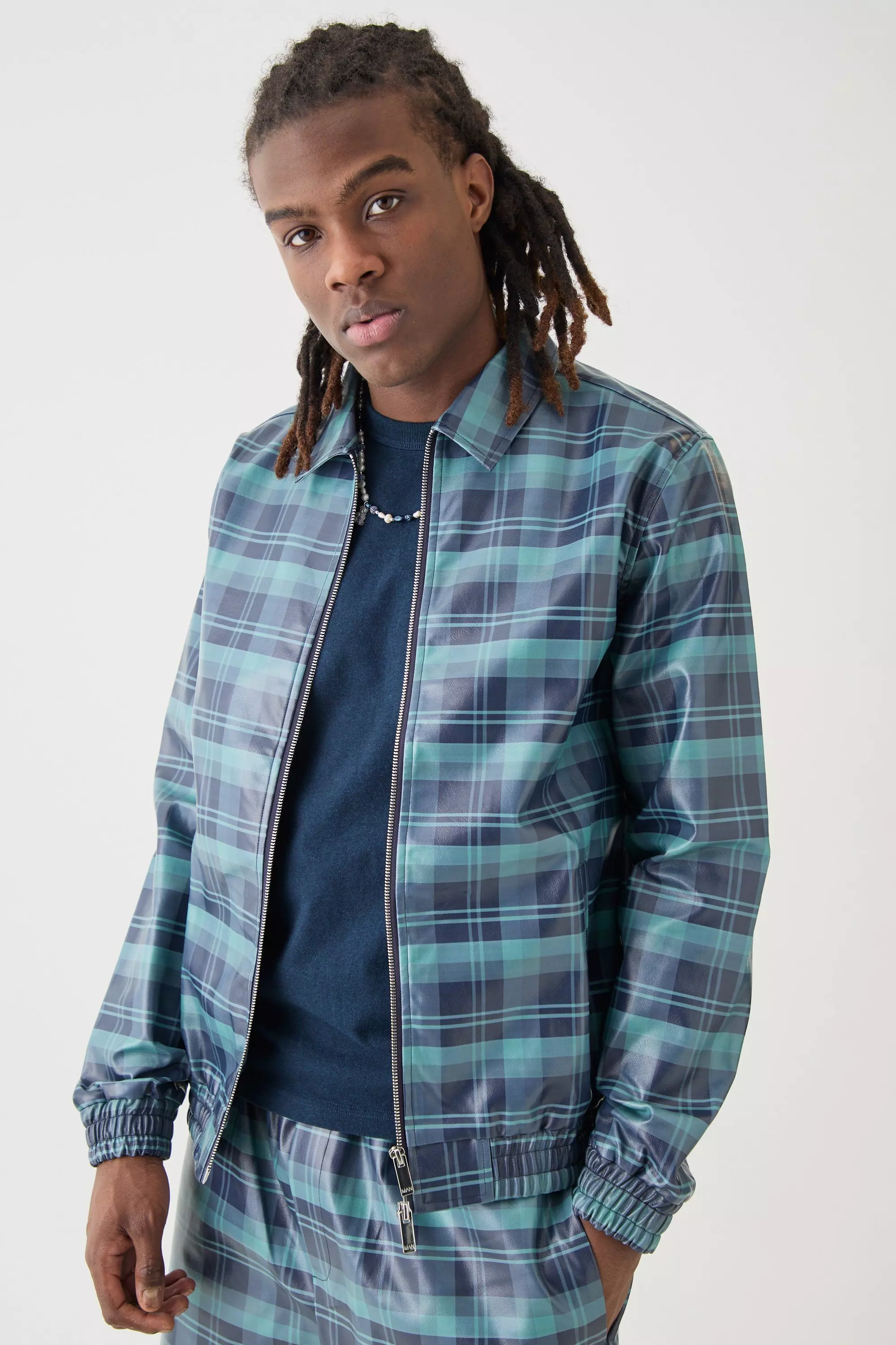Navy Elastic Waist Check Pu Parachute Trouser alternative image
