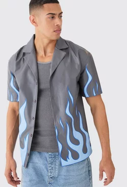Short Sleeve Dropped Revere Pu Flame Shirt Charcoal