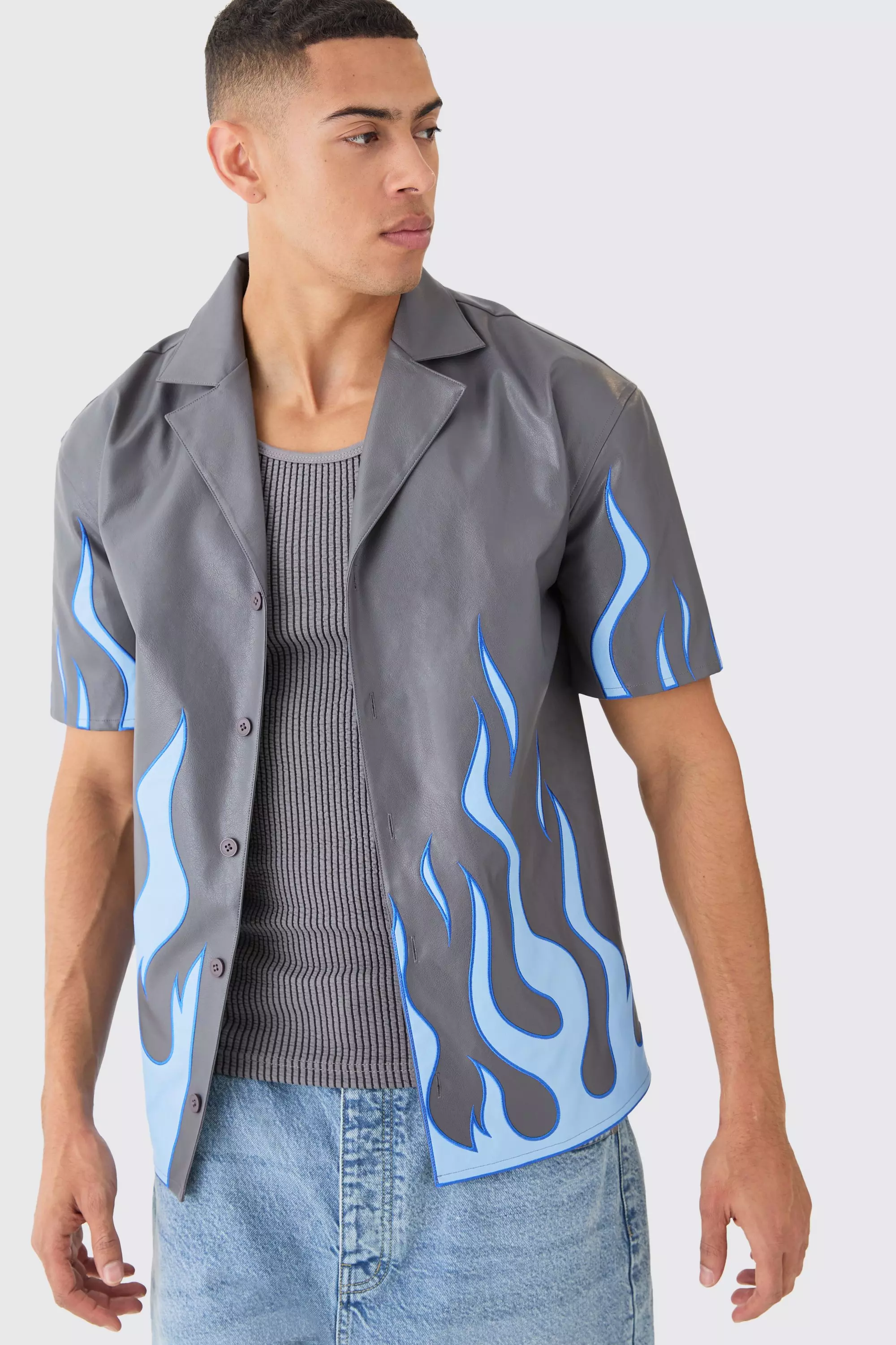 Charcoal Grey Short Sleeve Dropped Revere Pu Flame Shirt