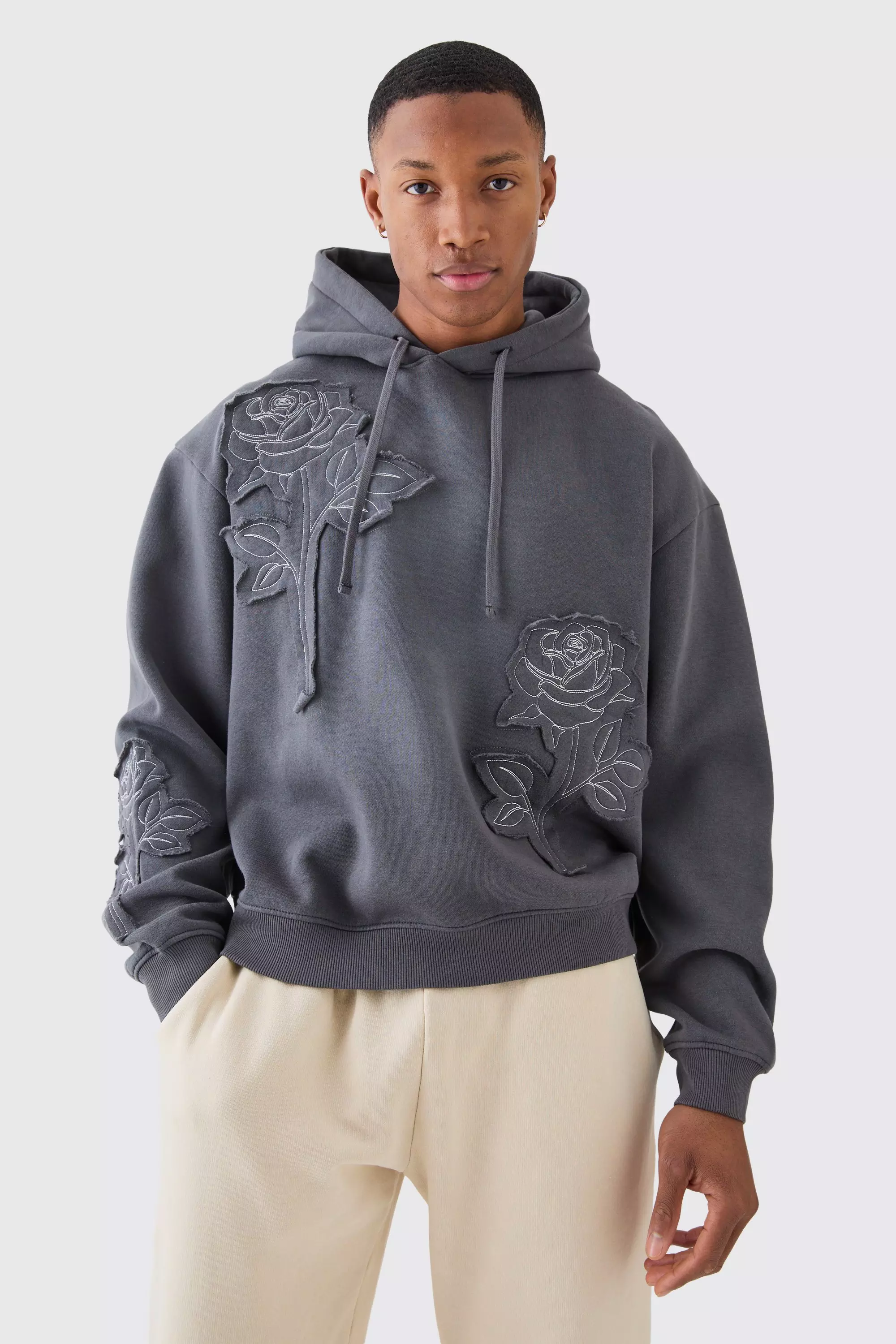 Oversized Spray Wash Rose Embroidery Hoodie