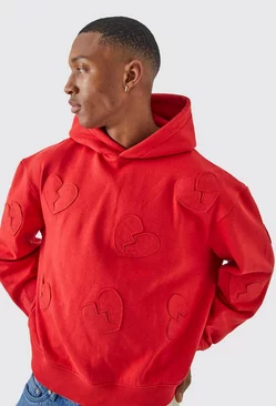 Oversized Boxy All Over Heart Applique Hoodie Red