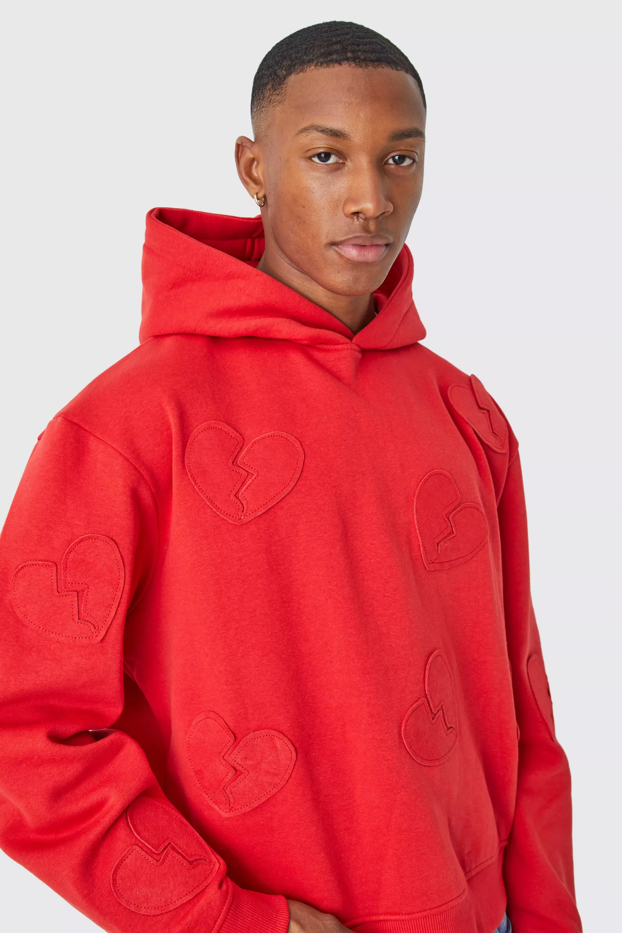 Oversized Boxy All Over Heart Applique Hoodie boohooMAN UK