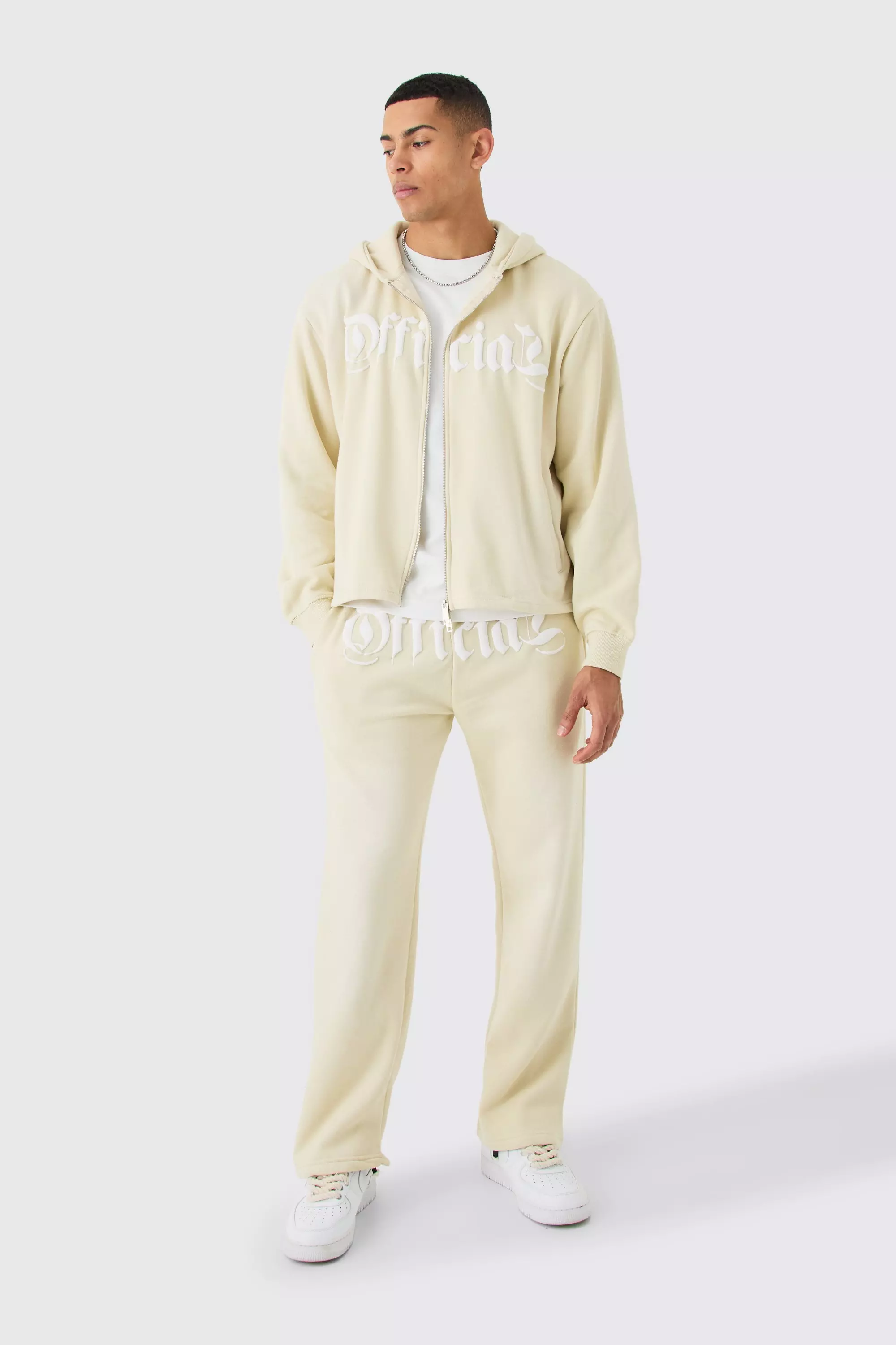 Stone Beige Oversized Zip Through Washed Denim Applique Tracksuit