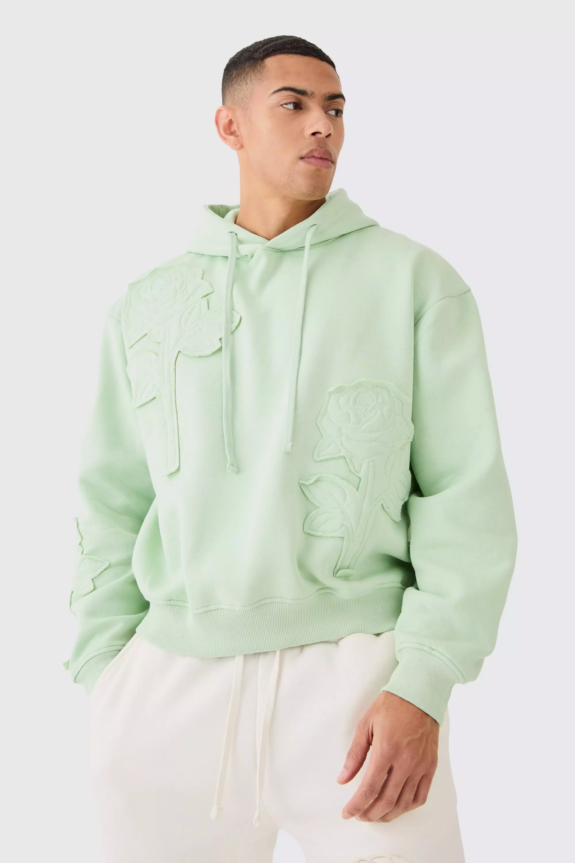 Sage Green Oversized Spray Wash Rose Embroidery Hoodie