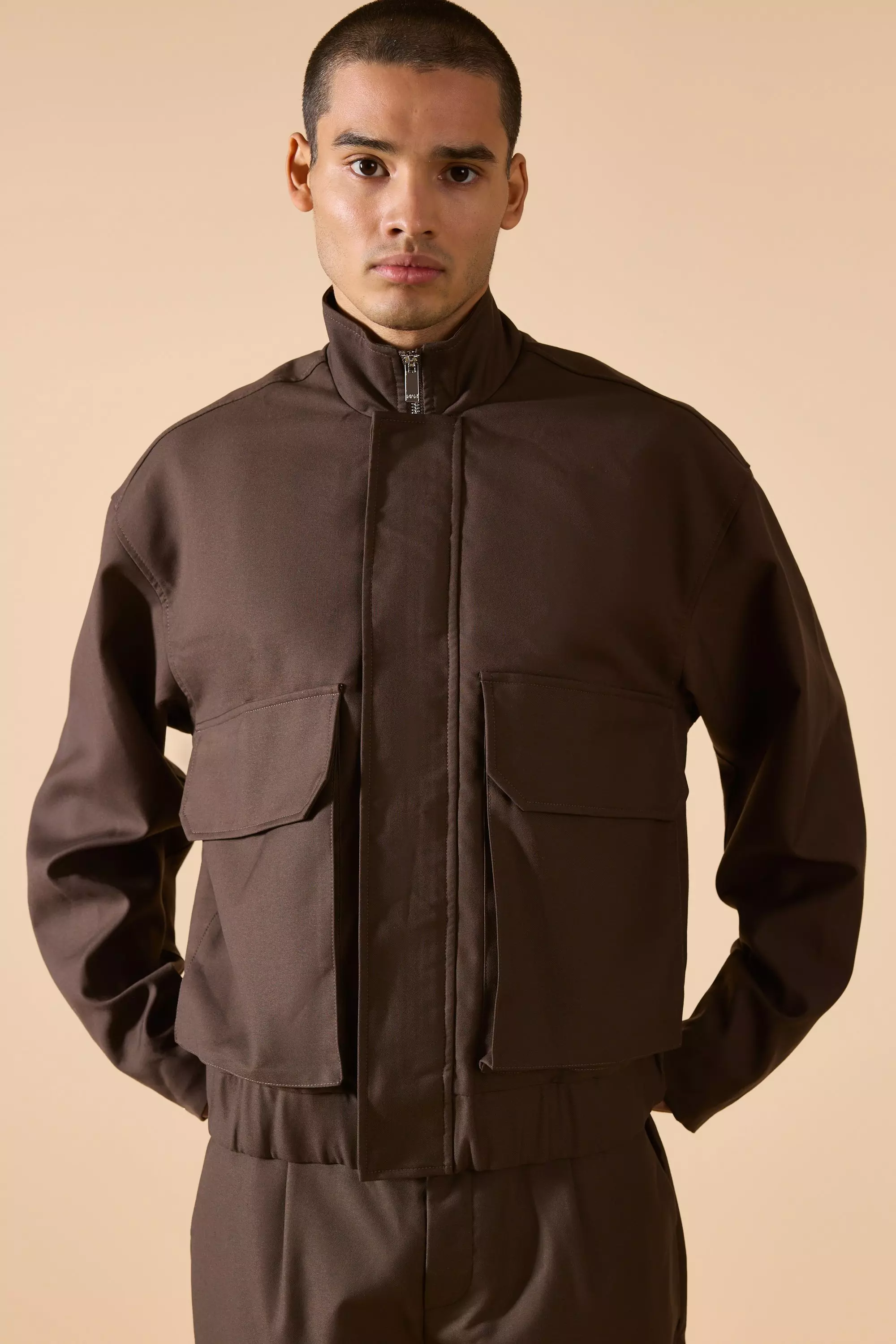 Funnel Neck Cargo Pocket Smart Jacket Chocolate