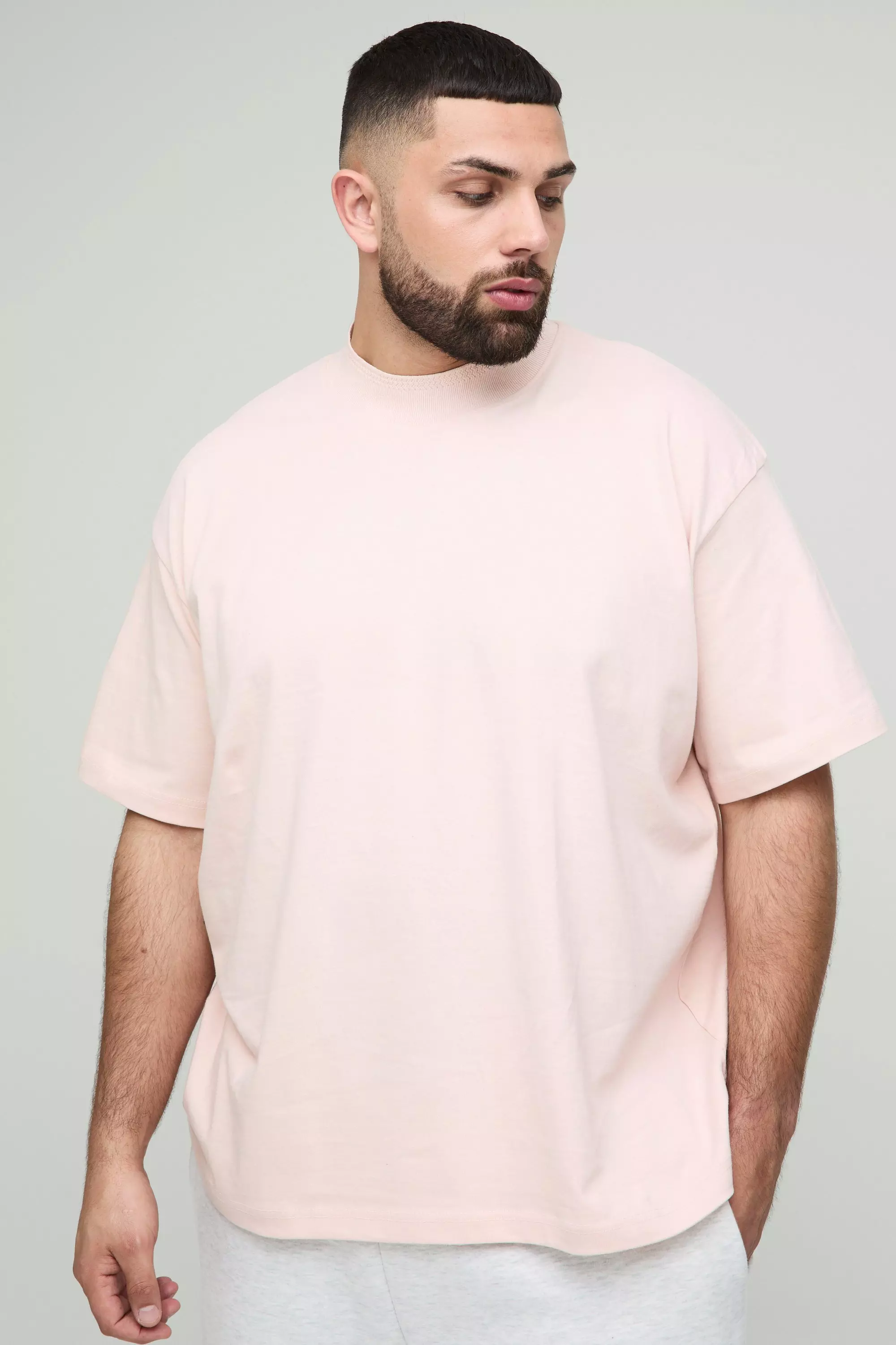 Plus Oversized Heavy Extended Jacquard Neck T-shirt Pastel pink