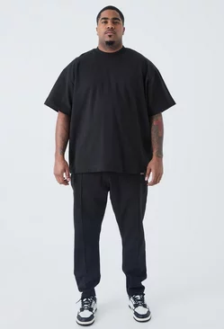 Plus Oversized T-shirt & Taper Jogger Interlock Set Black
