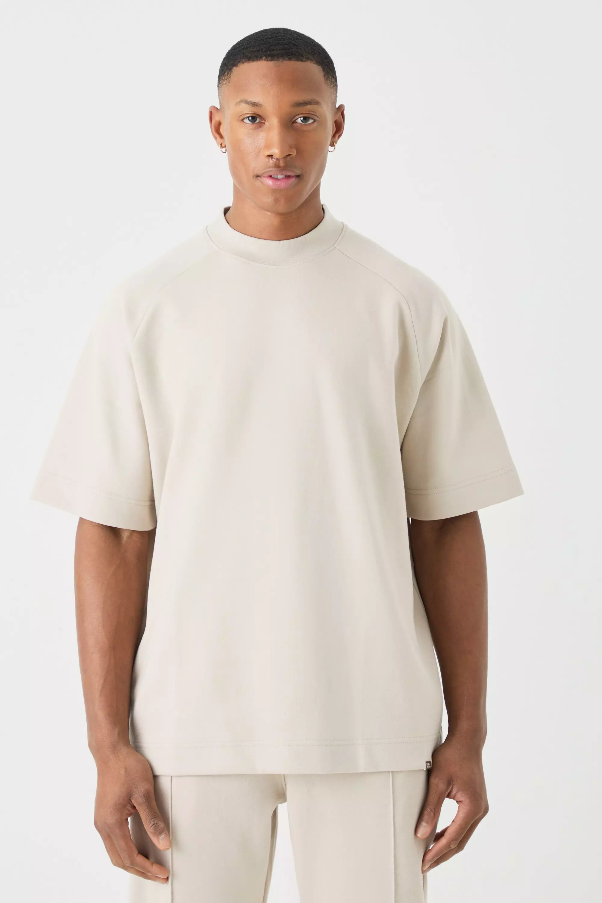 Man Oversized Extended Neck Raglan Heavy Interlock T-shirt Stone