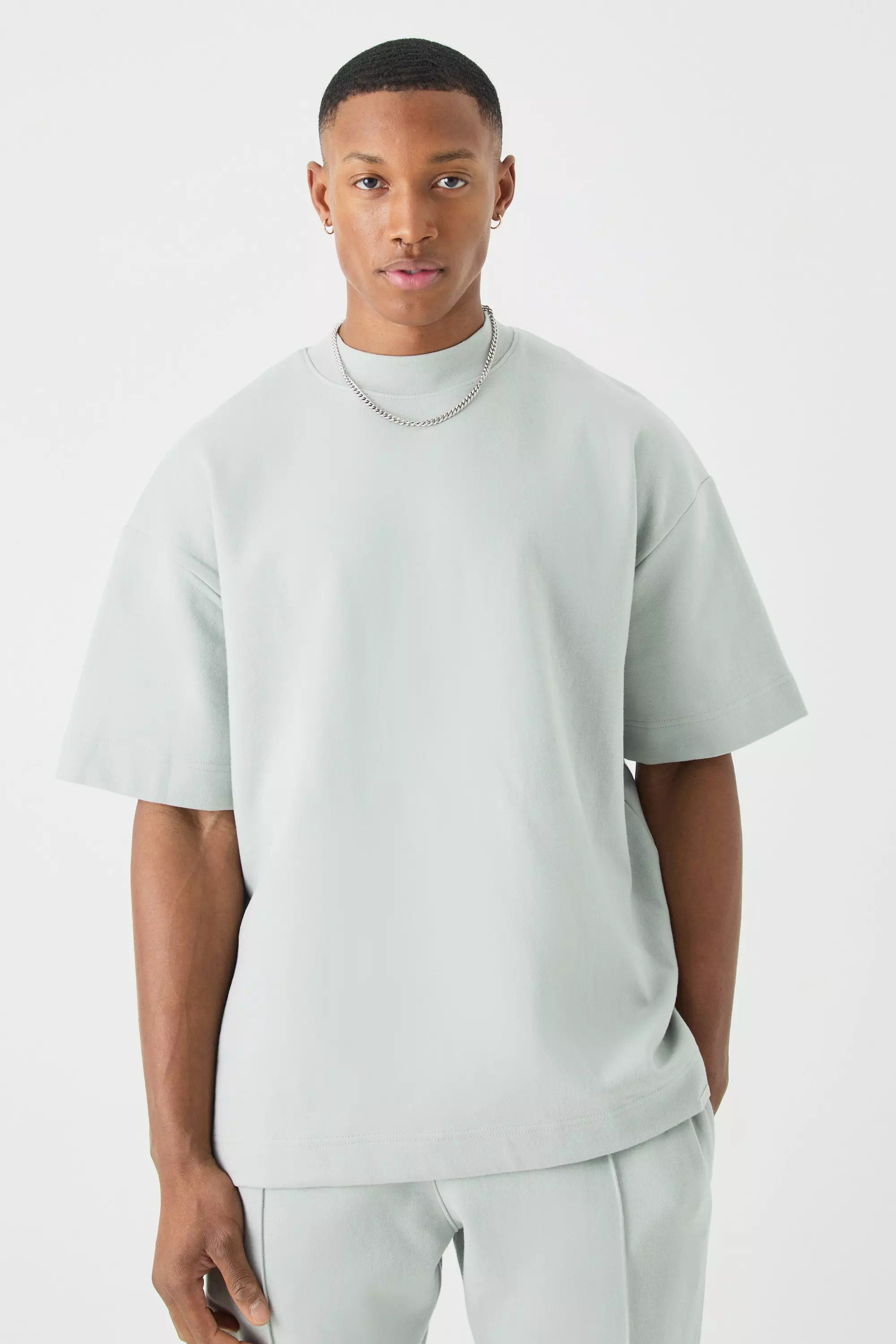 Man Oversized Extended Neck Heavy Interlock T-shirt Light grey