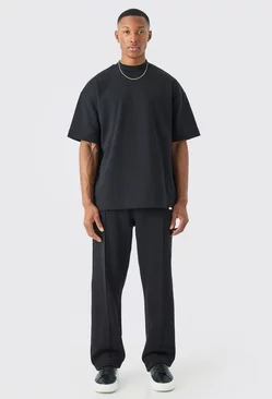 Black Oversized T-shirt & Relaxed Jogger Interlock Set