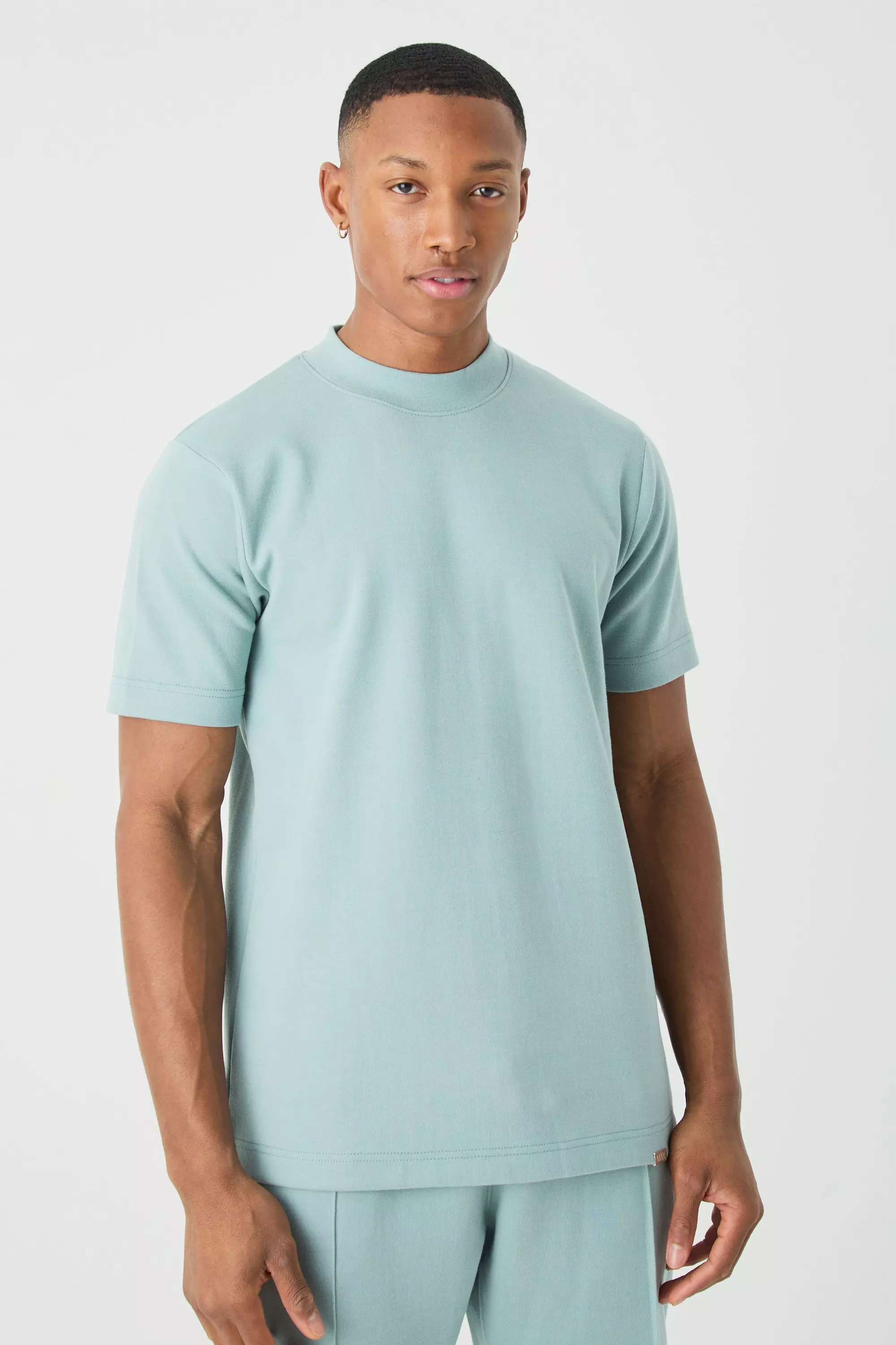 Blue Slim Fit Extedned Neck Heavy Interlock T-shirt