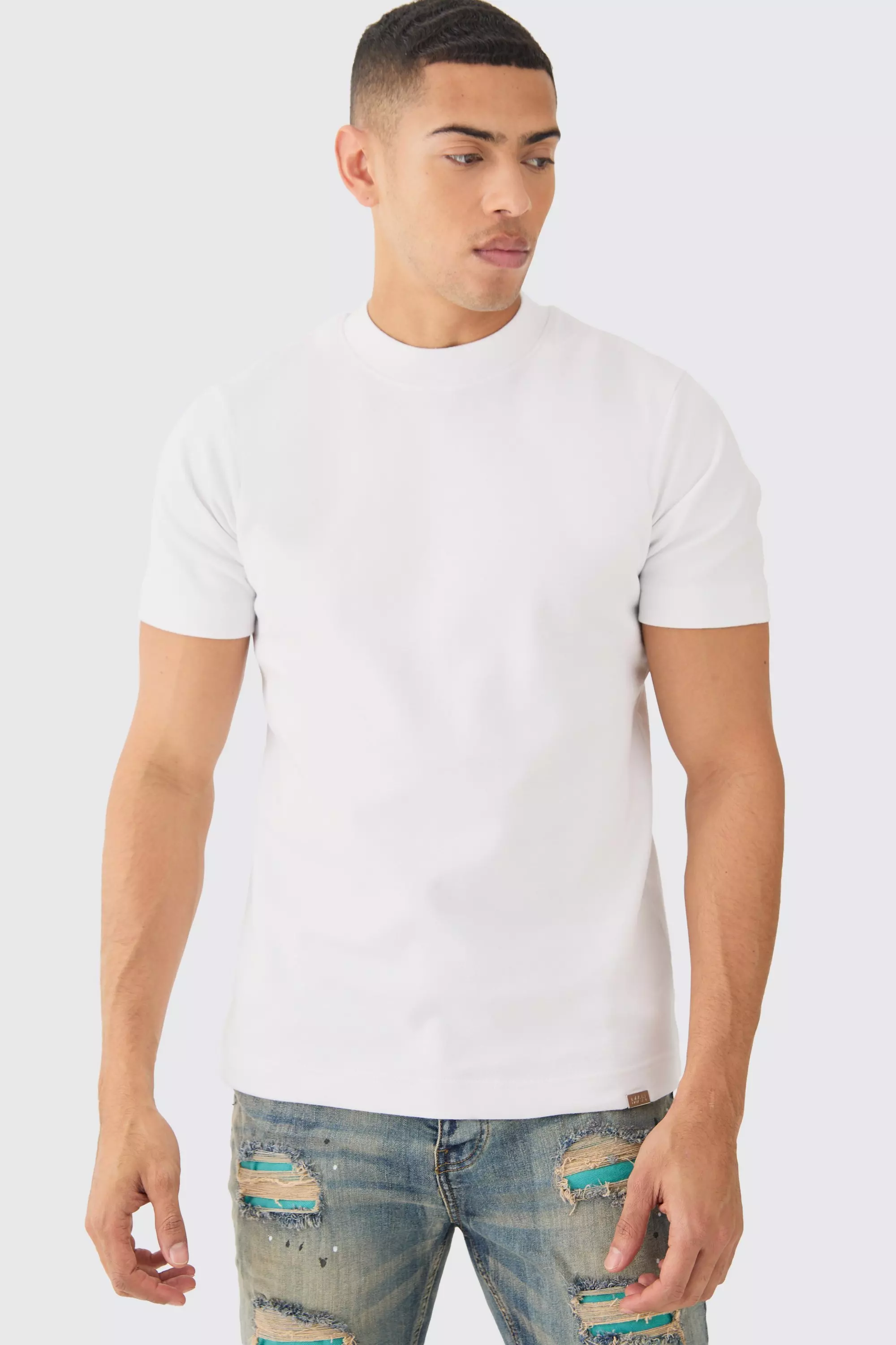 White Slim Fit Extended Neck Heavy Interlock T-shirt