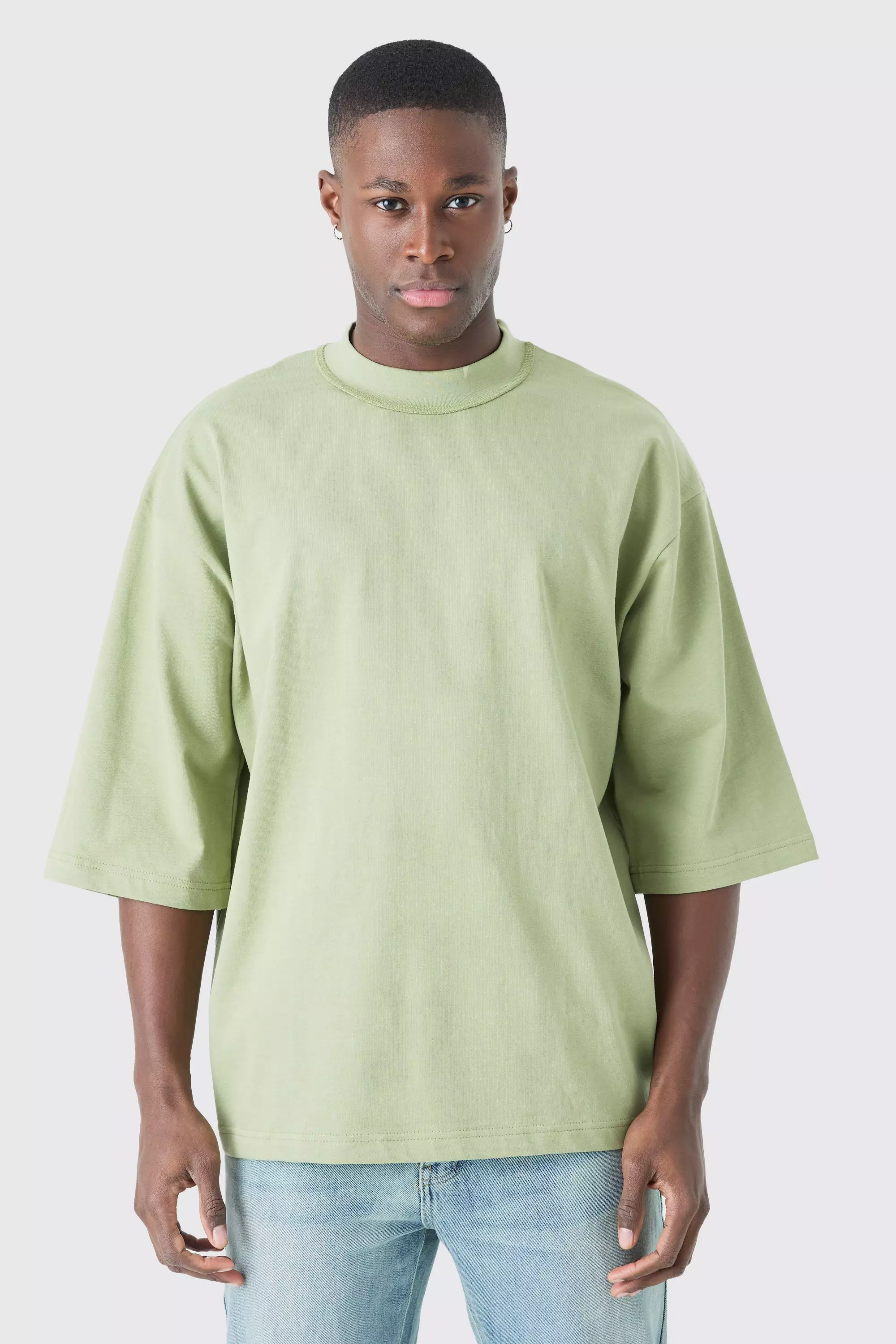 Sage Green Oversized Heavy Layed On Neck Carded T-shirt