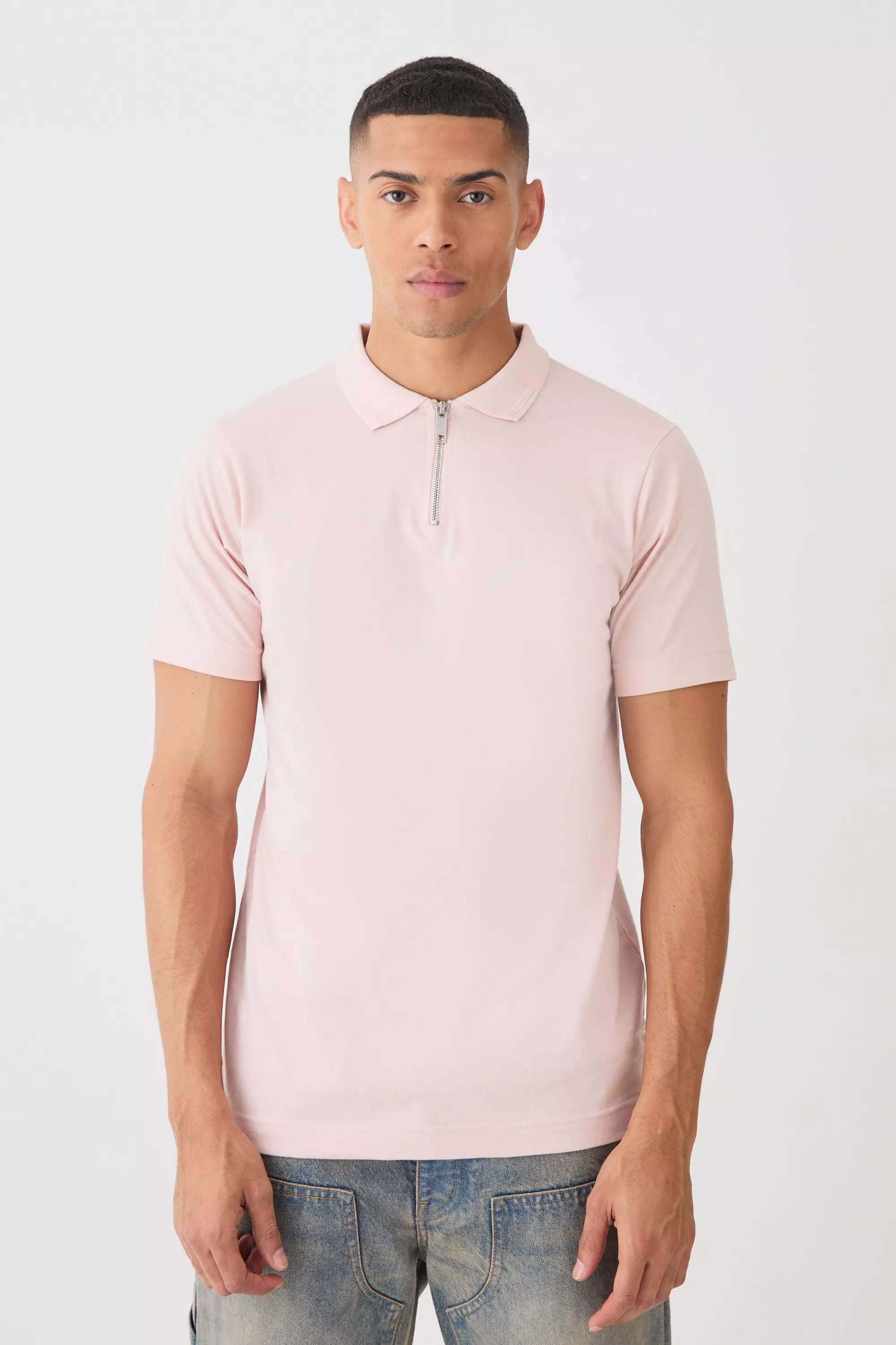 Slim Heavy Zip Neck Polo Pastel pink
