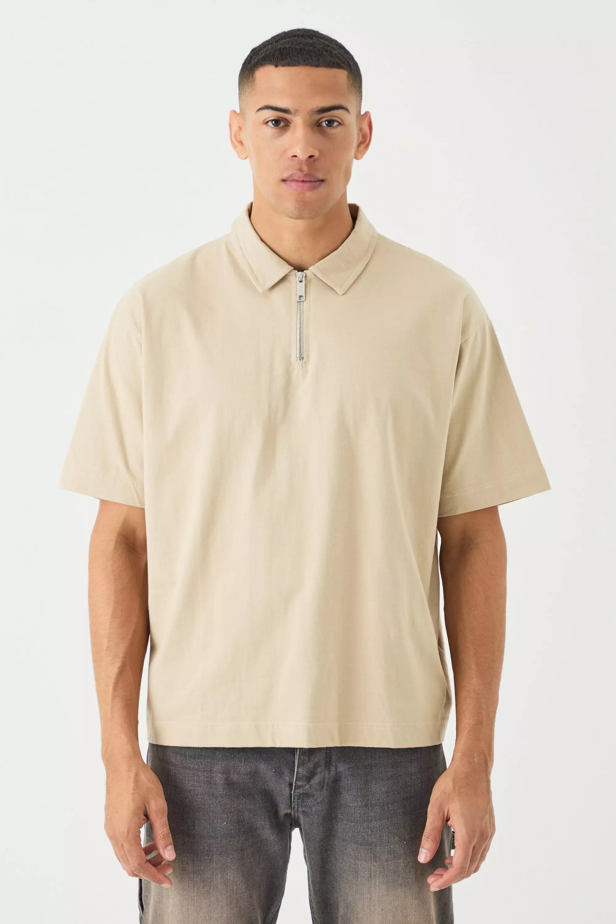 Oversized Heavy Zip Neck Polo Sand